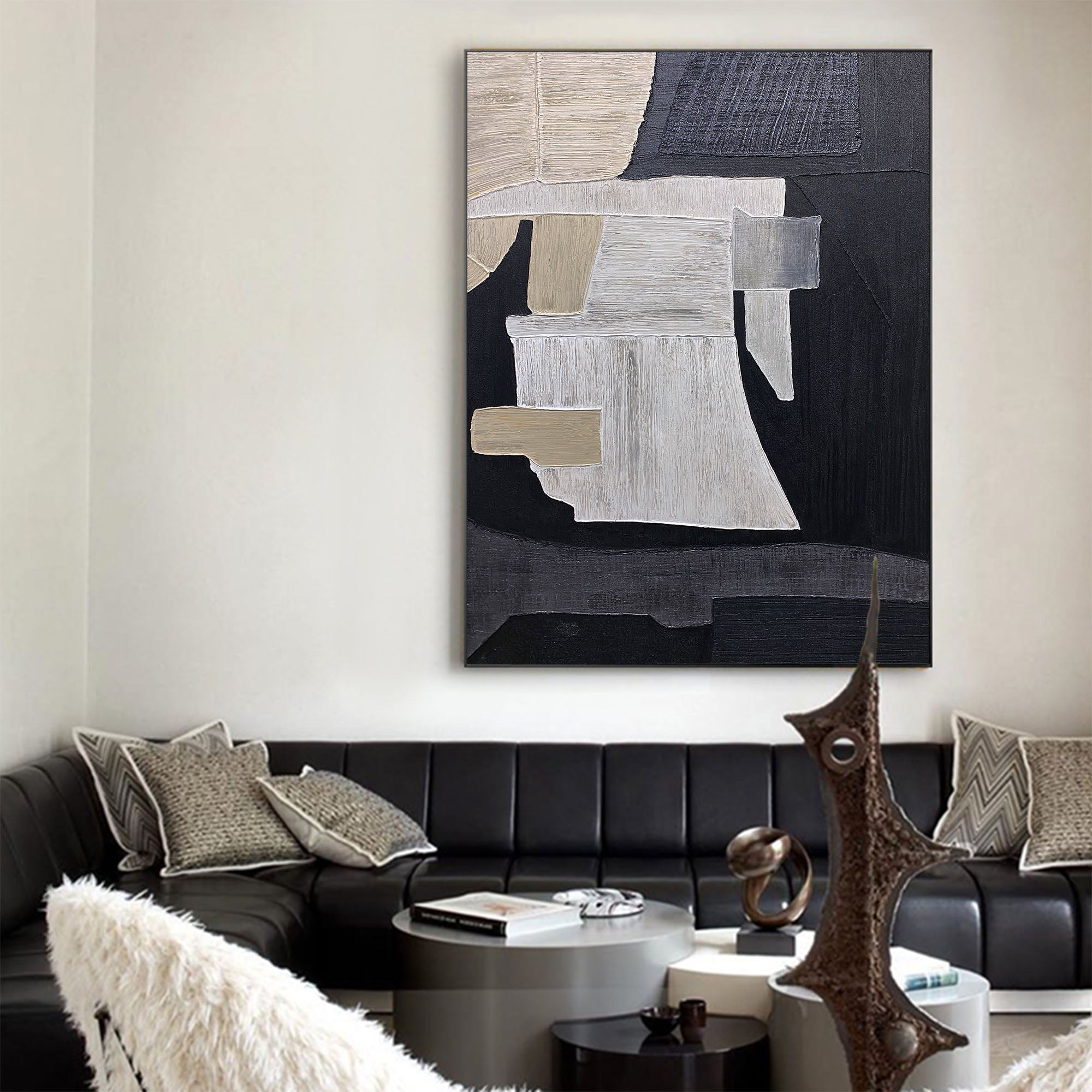 Black‑Beige‑Cream Vertical Patch‑Collage Impasto‑Textured Artwork