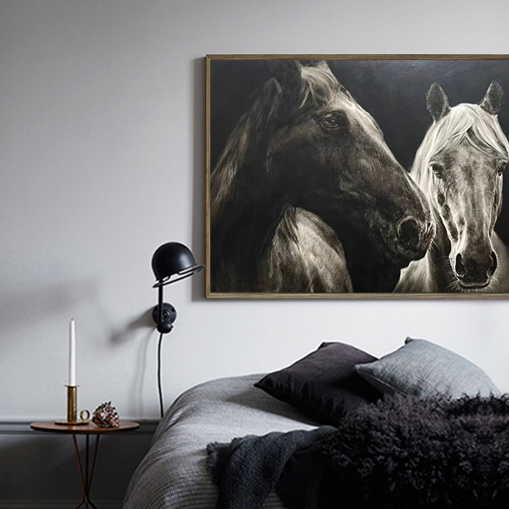 Black‑White Horizontal Dual‑Horse Textured‑Brush Artwork