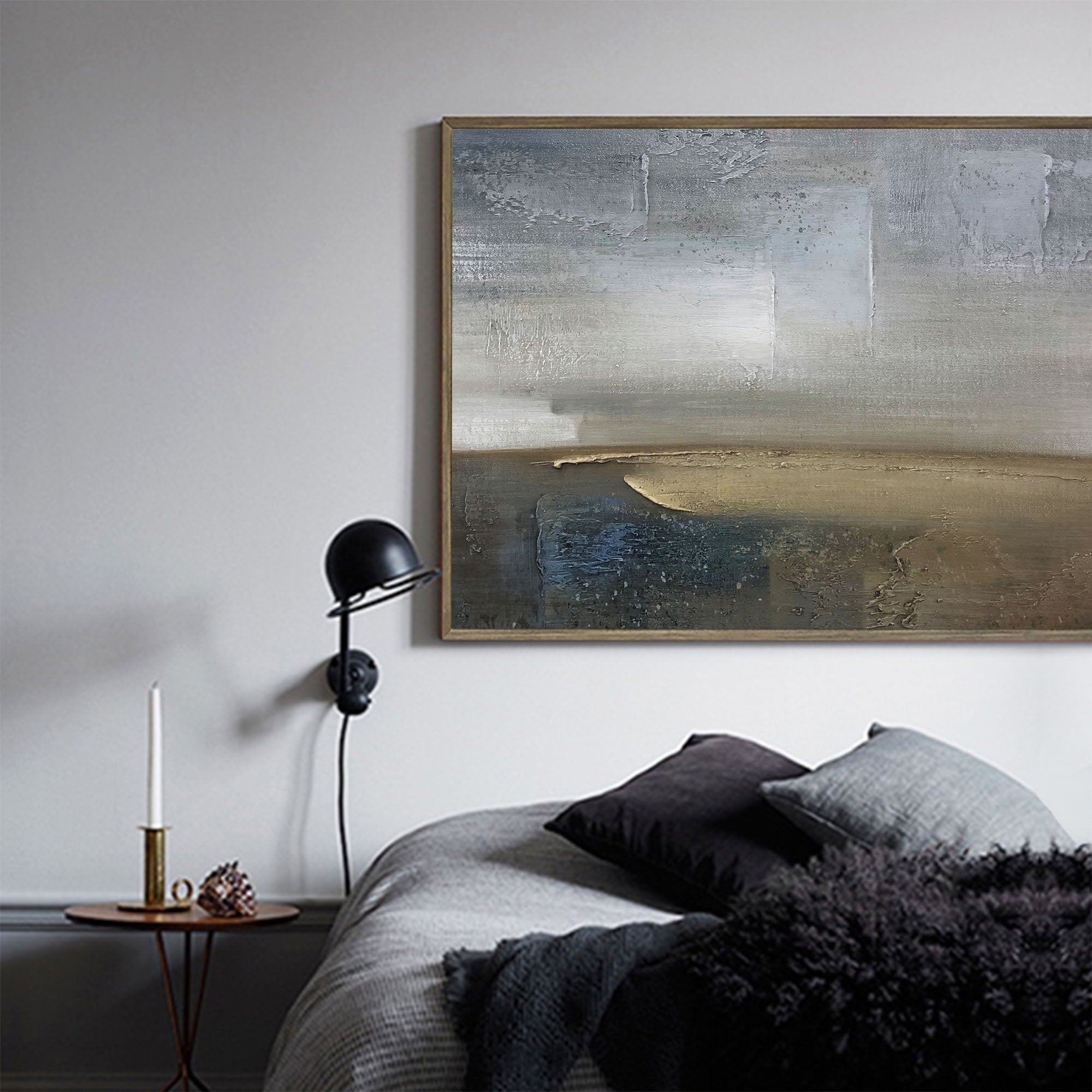 Blue‑Olive Horizontal Abstract‑Coastal Heavy‑Textured Artwork