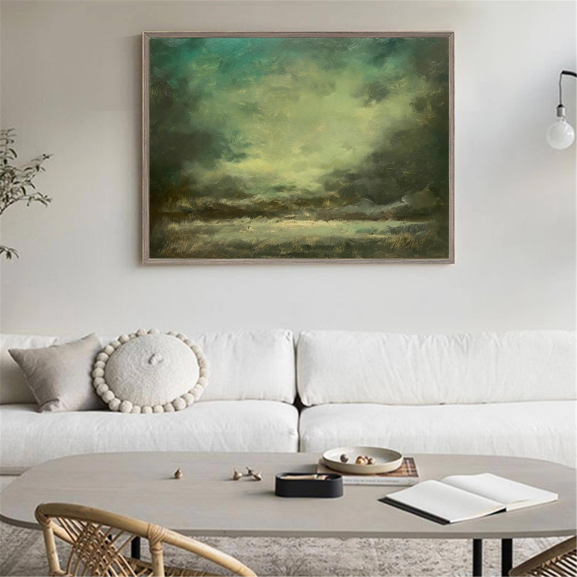 Abstract Forest Green Moody Landscape Oil Acrylic Linen Canvas Painting