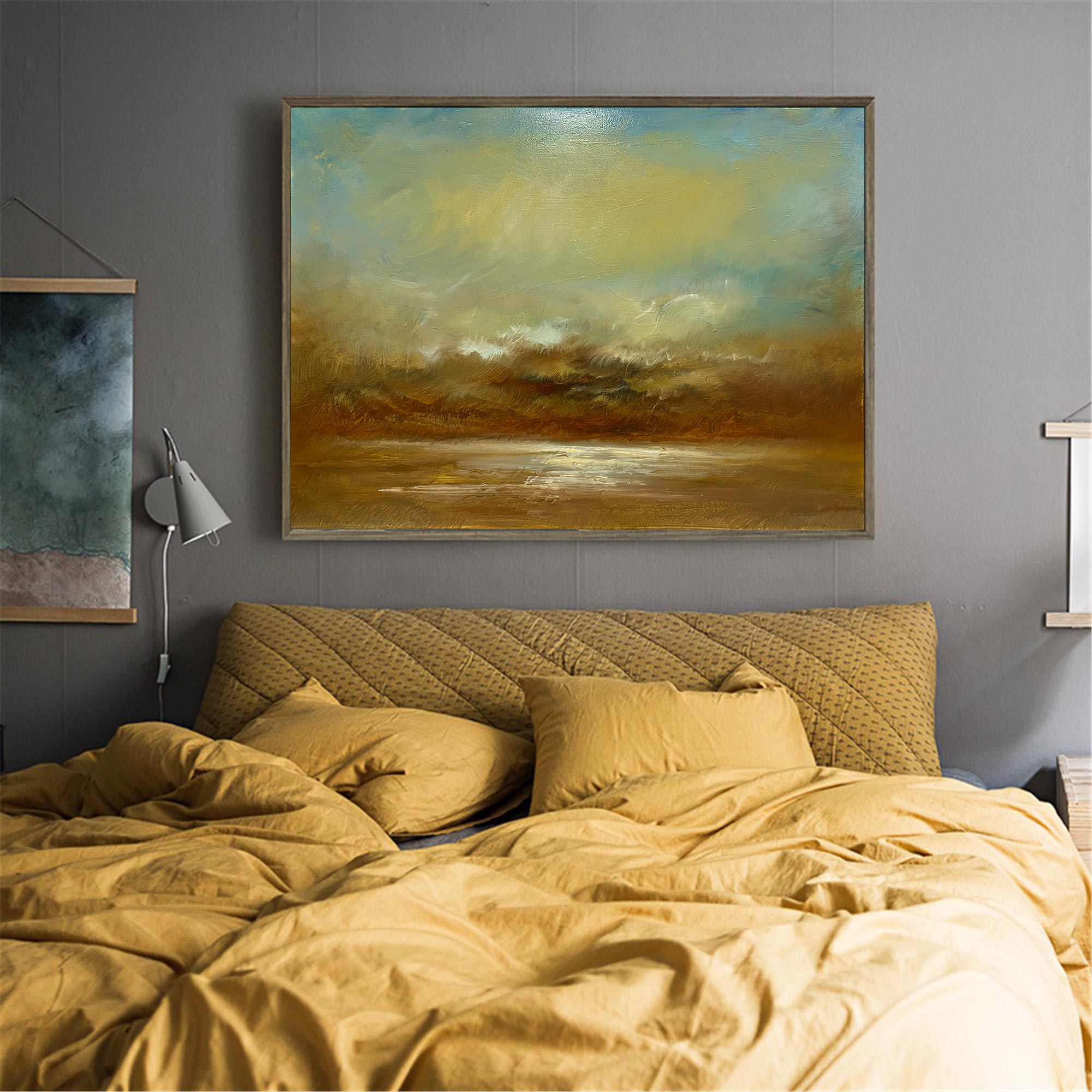 Abstract Teal Gold Coastal Sunset Landscape Oil Acrylic Linen Canvas Painting
