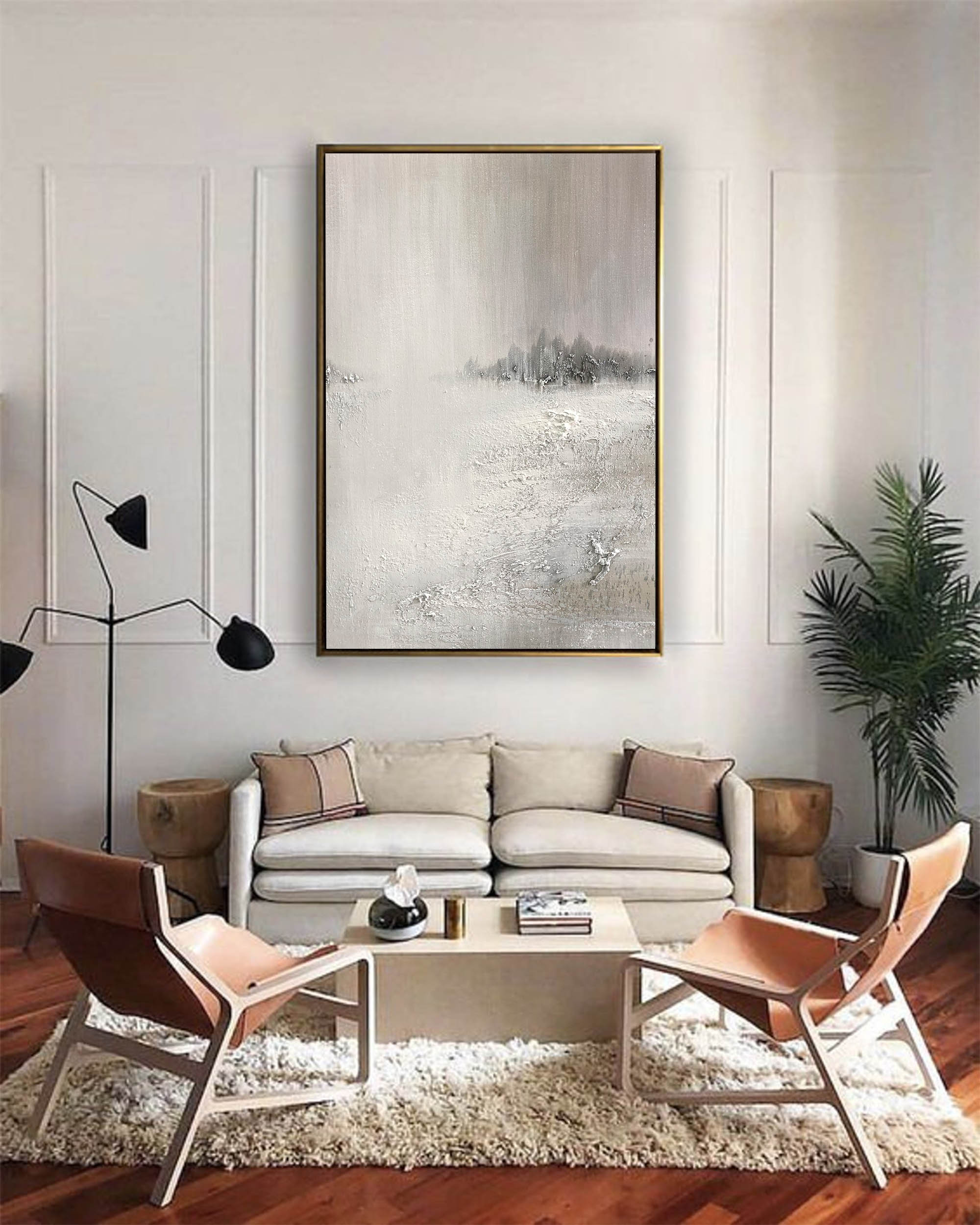 Grey‑Off‑White Vertical Mist‑Scenery Heavy‑Textured Artwork