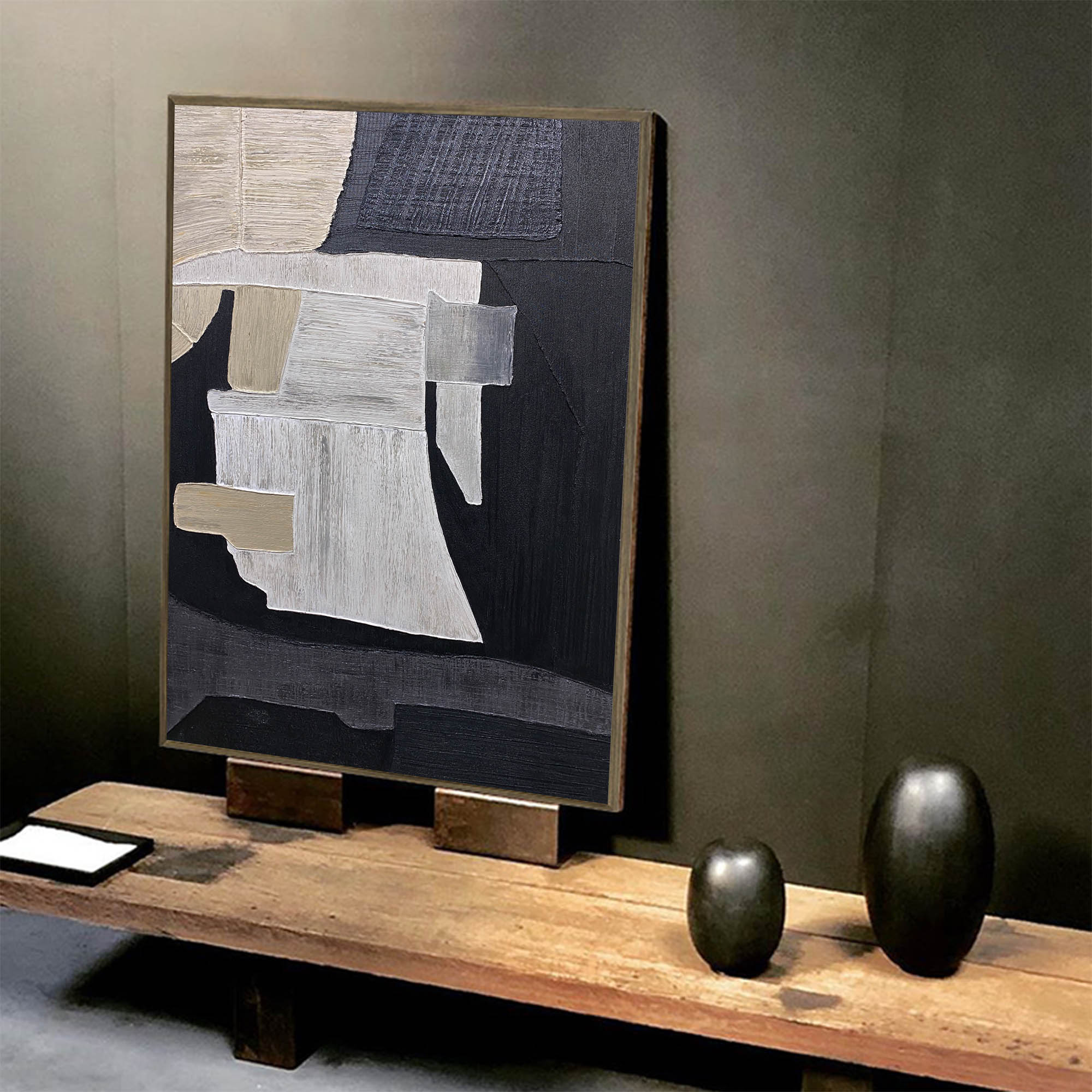 Black‑Beige‑Cream Vertical Patch‑Collage Impasto‑Textured Artwork