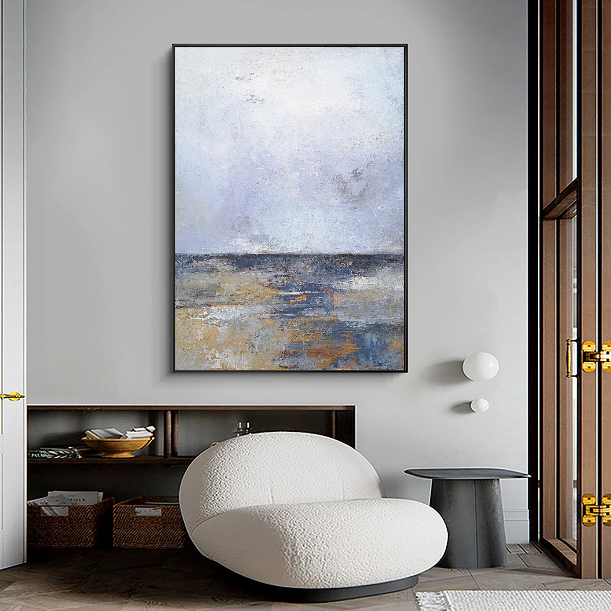 Blue‑Gold‑Grey Vertical Seascape Horizon Impasto‑Textured Artwork