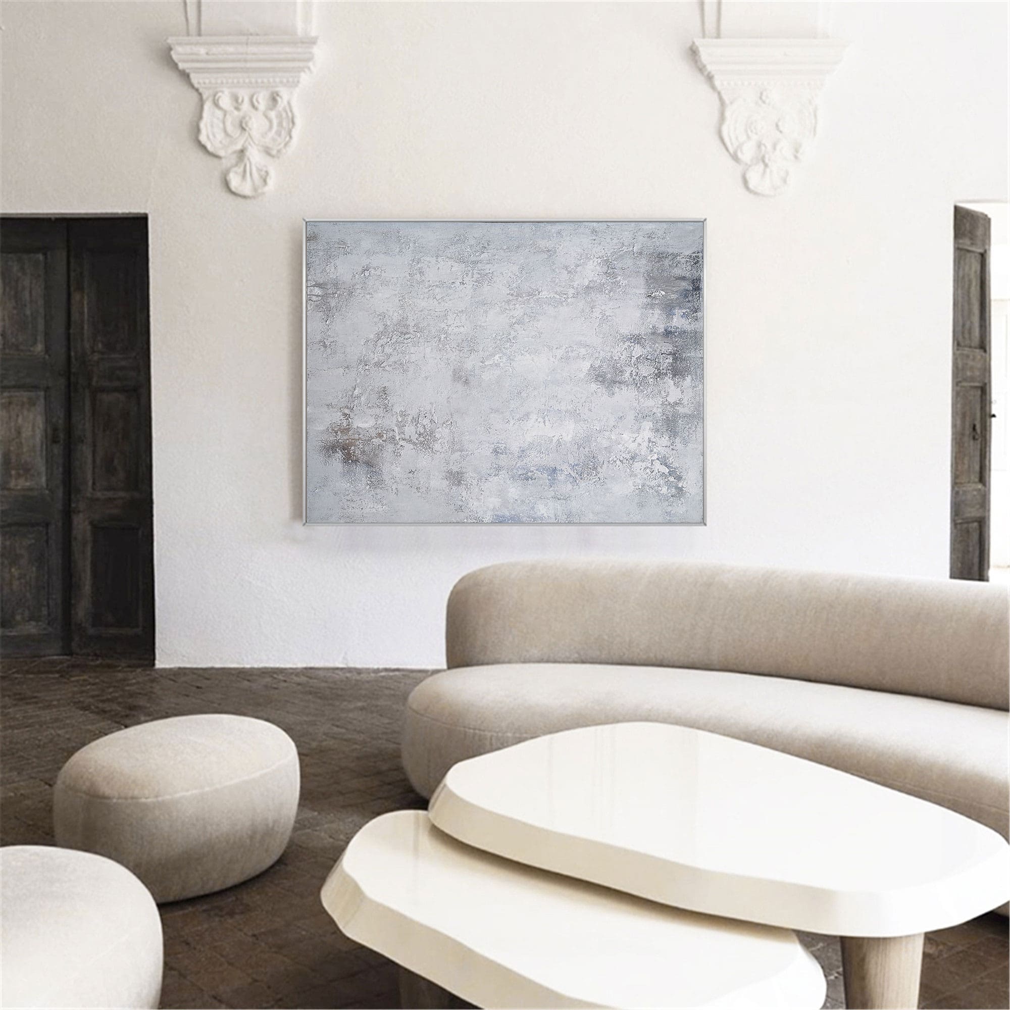 Grey‑Silver‑White Horizontal Abstract Faded Layered‑Tone Texture Artwork