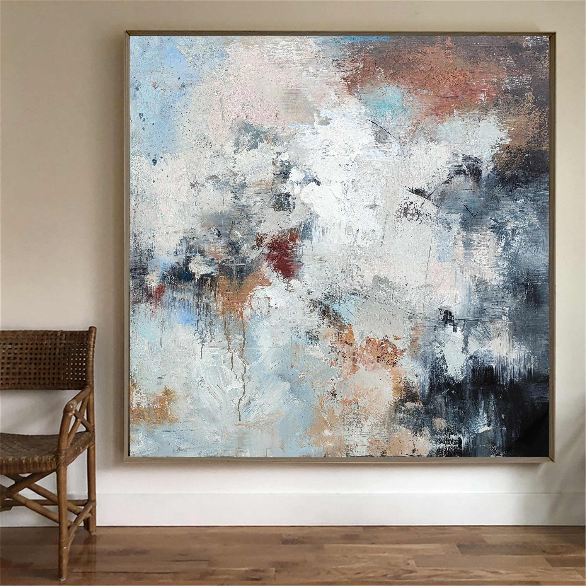 Blue‑White‑Terracotta Square Abstract Earth‑Tone Layered‑Texture Artwork