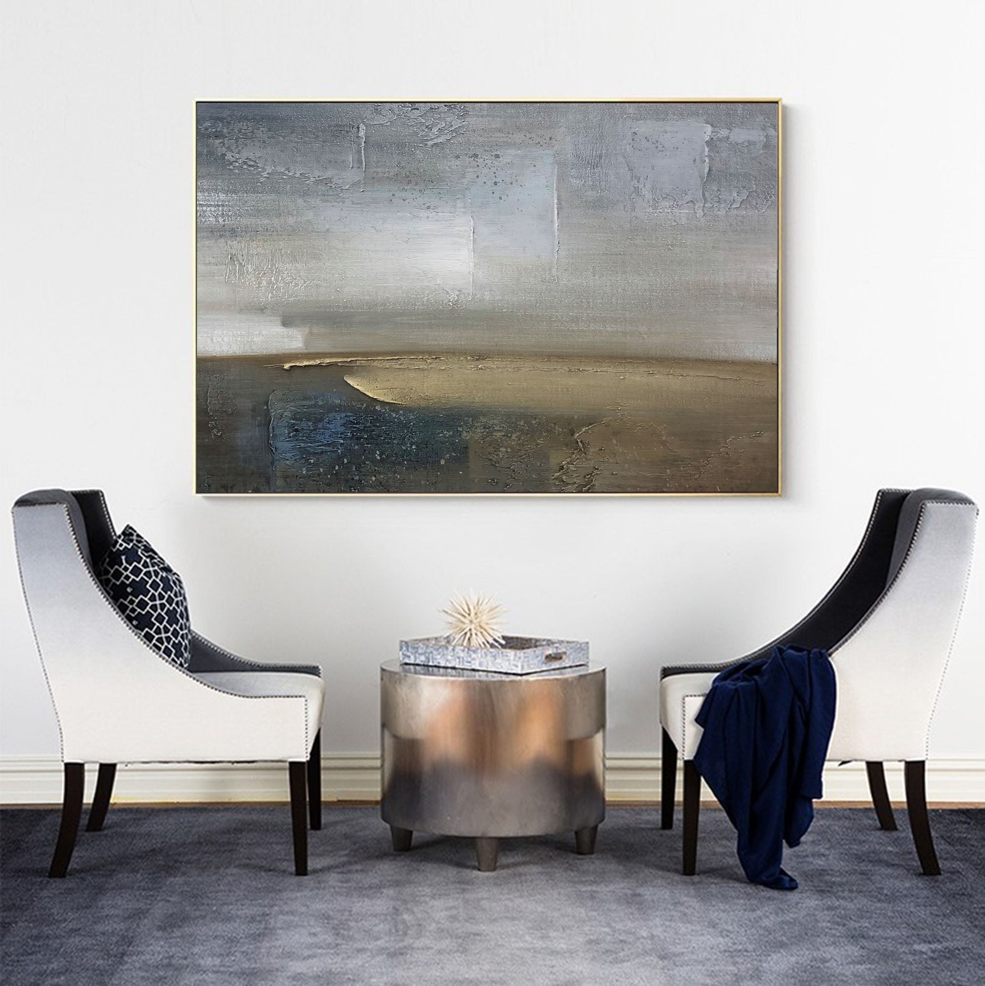 Blue‑Olive Horizontal Abstract‑Coastal Heavy‑Textured Artwork