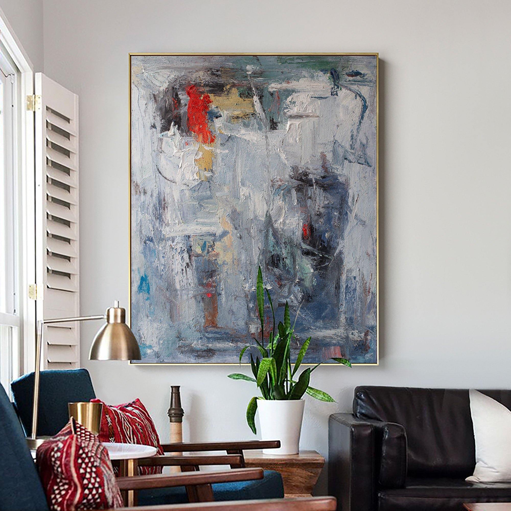 Grey‑Blue Vertical Red‑Accent Expressive Impasto Textured Artwork