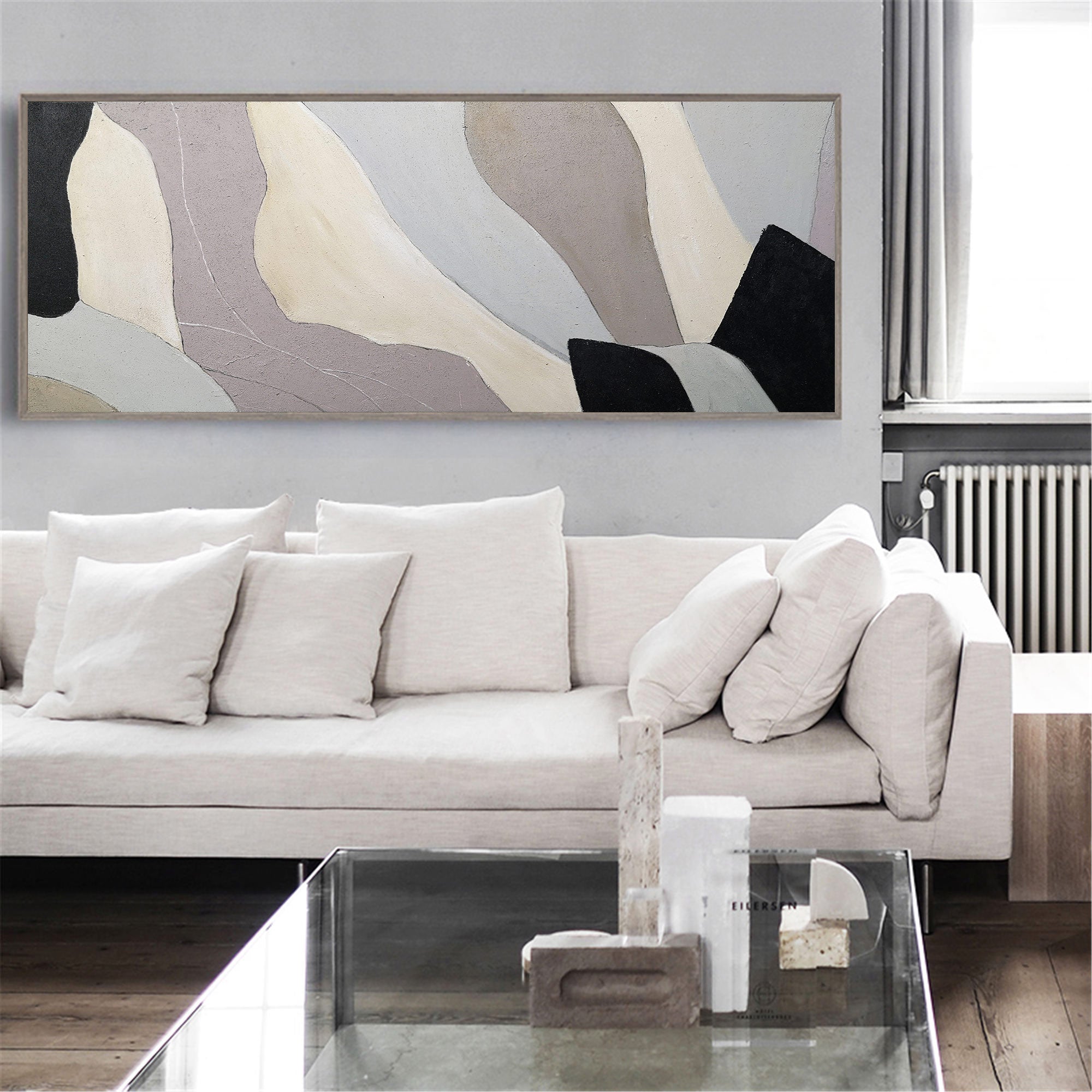 Beige‑Grey‑Black Horizontal Geometric Layered Block‑Shape Matte‑Surface Artwork