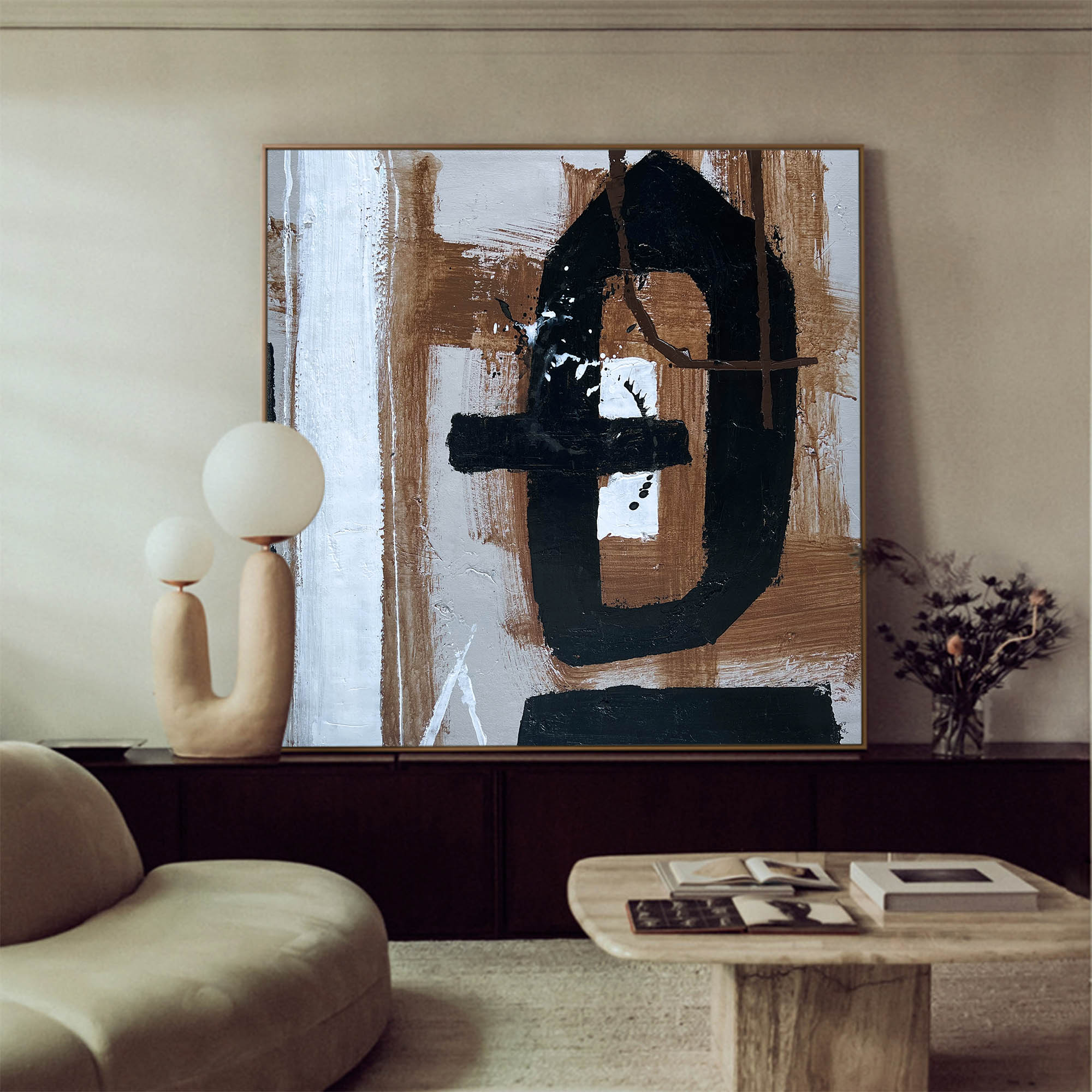 Earth‑Tone Abstract Gestural Art Framed Linen Canvas Wall Decoration
