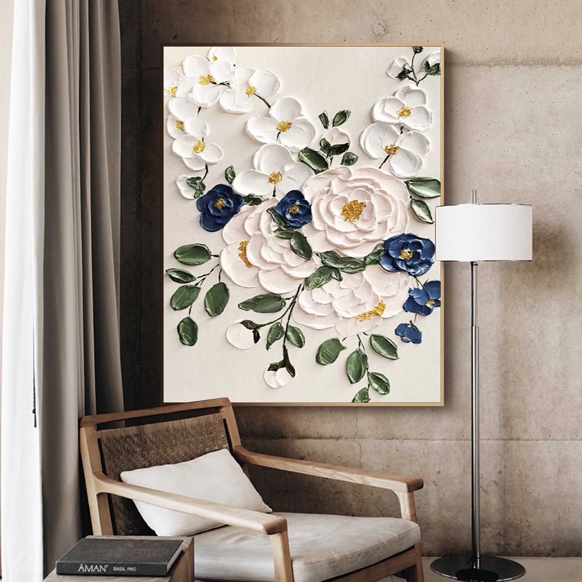 3D Impasto Floral Bouquet Painting White Blue