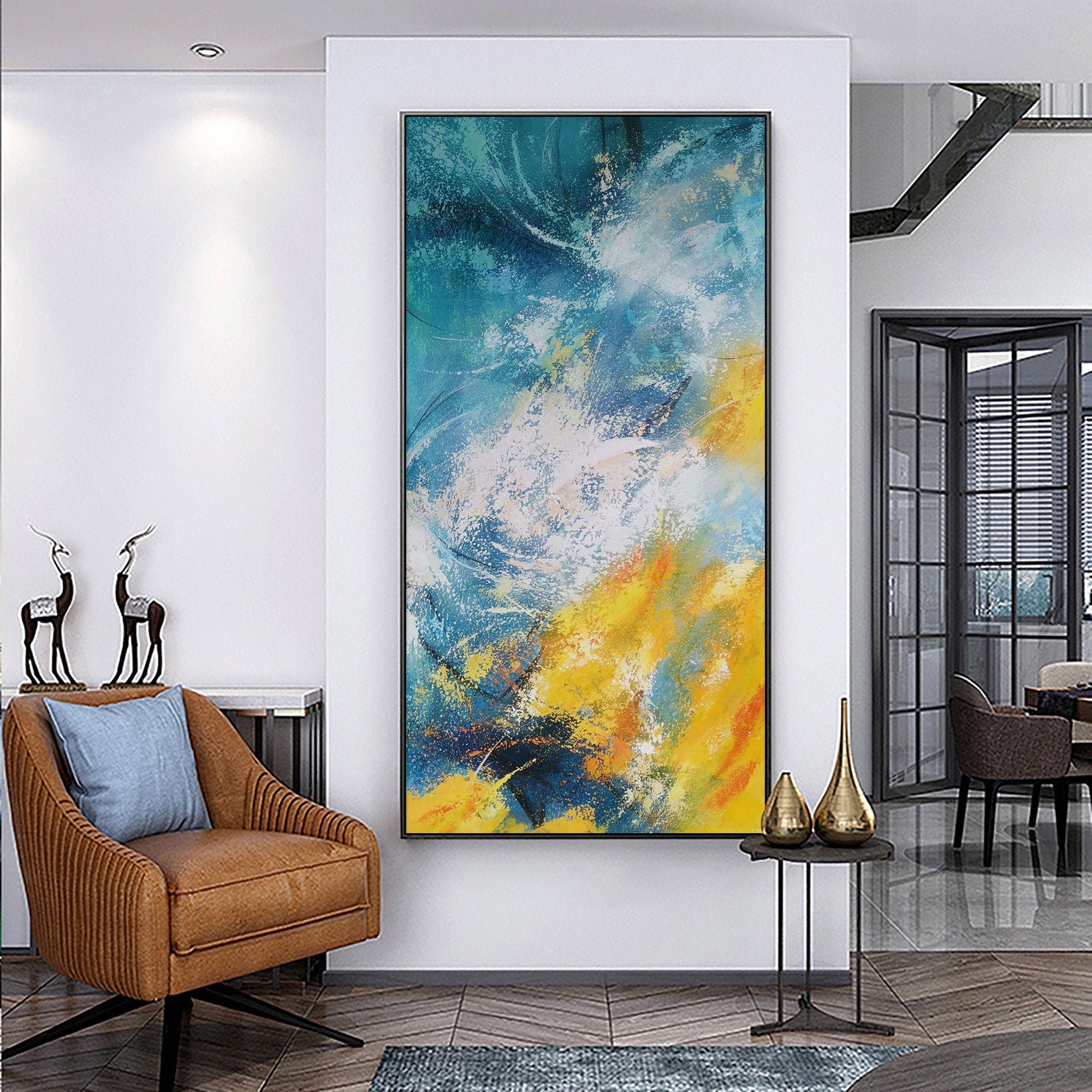 Vertical Abstract Blue Gold Ocean Waves Oil Acrylic Linen Canvas Painting