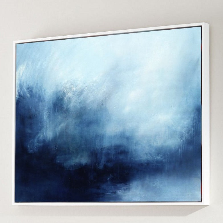 Navy‑Sky‑Blue Horizontal Storm‑Ocean Abstract Seascape Textured Artwork