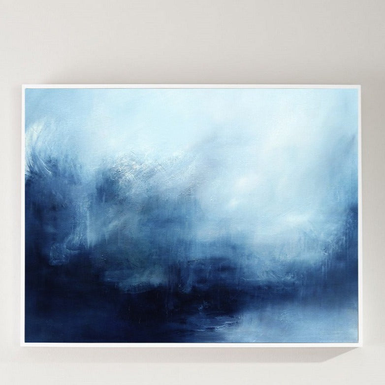 Navy‑Sky‑Blue Horizontal Storm‑Ocean Abstract Seascape Textured Artwork
