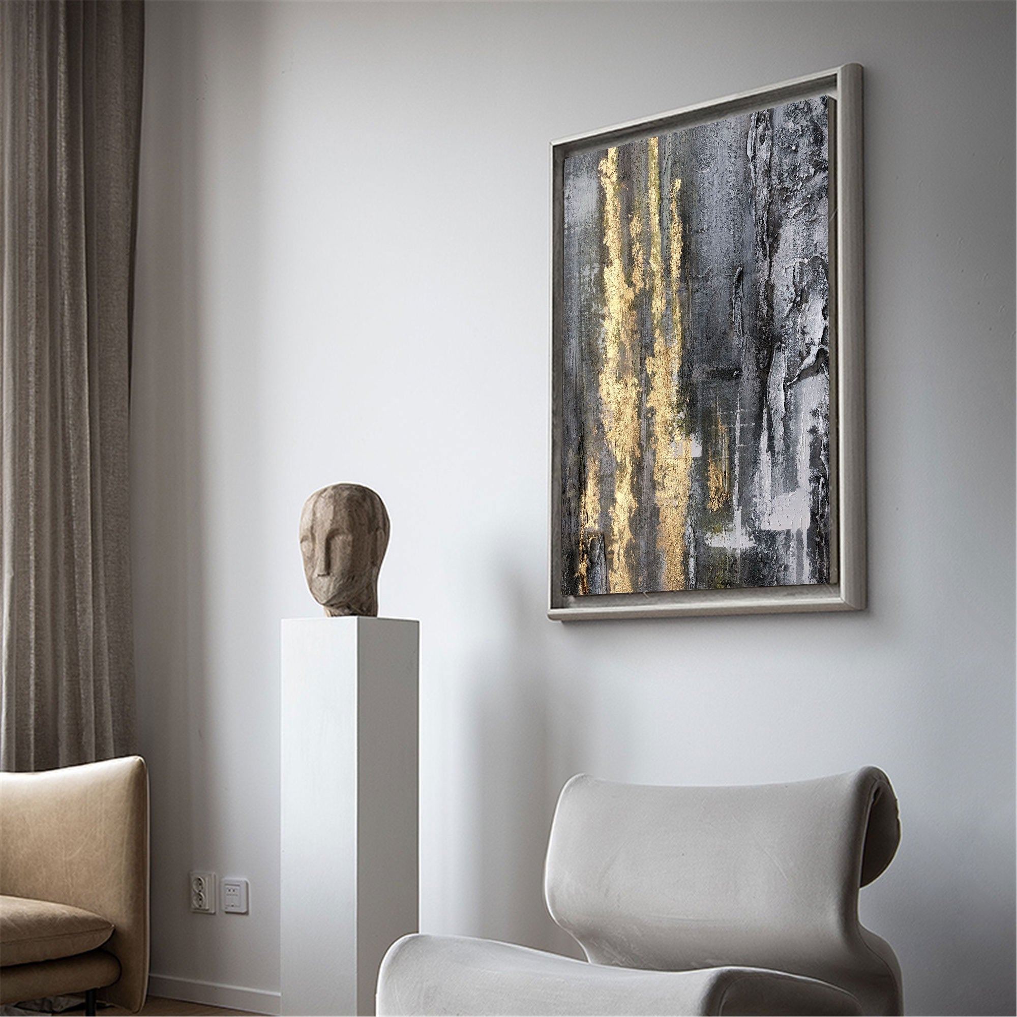 Black‑Grey Vertical Gold‑Foil Impasto Textured Abstract Artwork