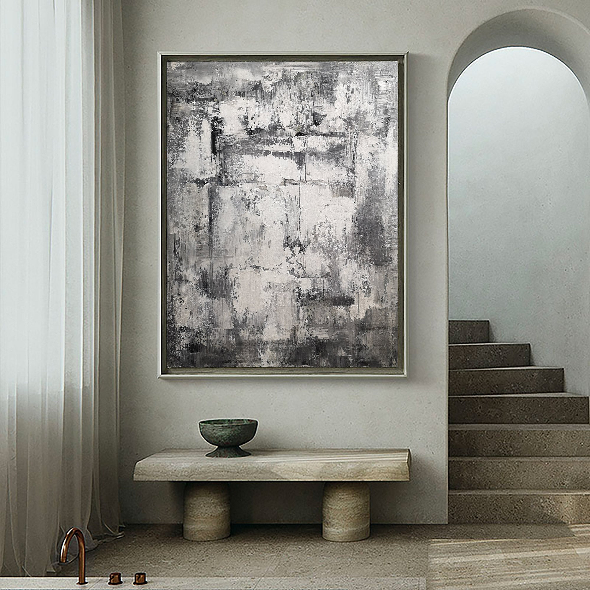 Black‑White‑Grey Vertical Abstract Rugged Impasto‑Textured Artwork