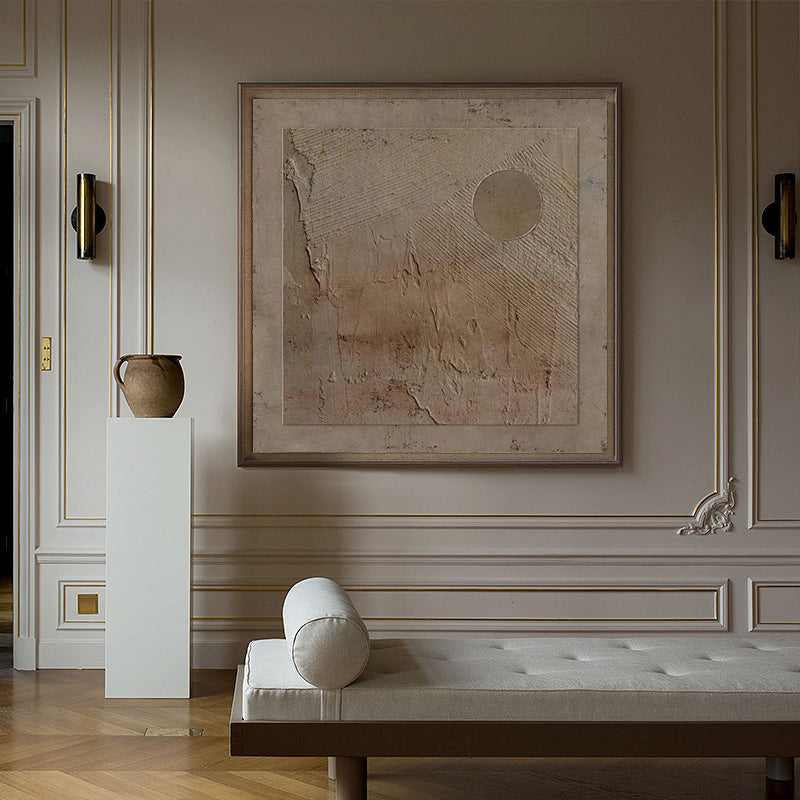 Taupe‑Beige Square Circle‑Motif Distressed‑Textured Artwork