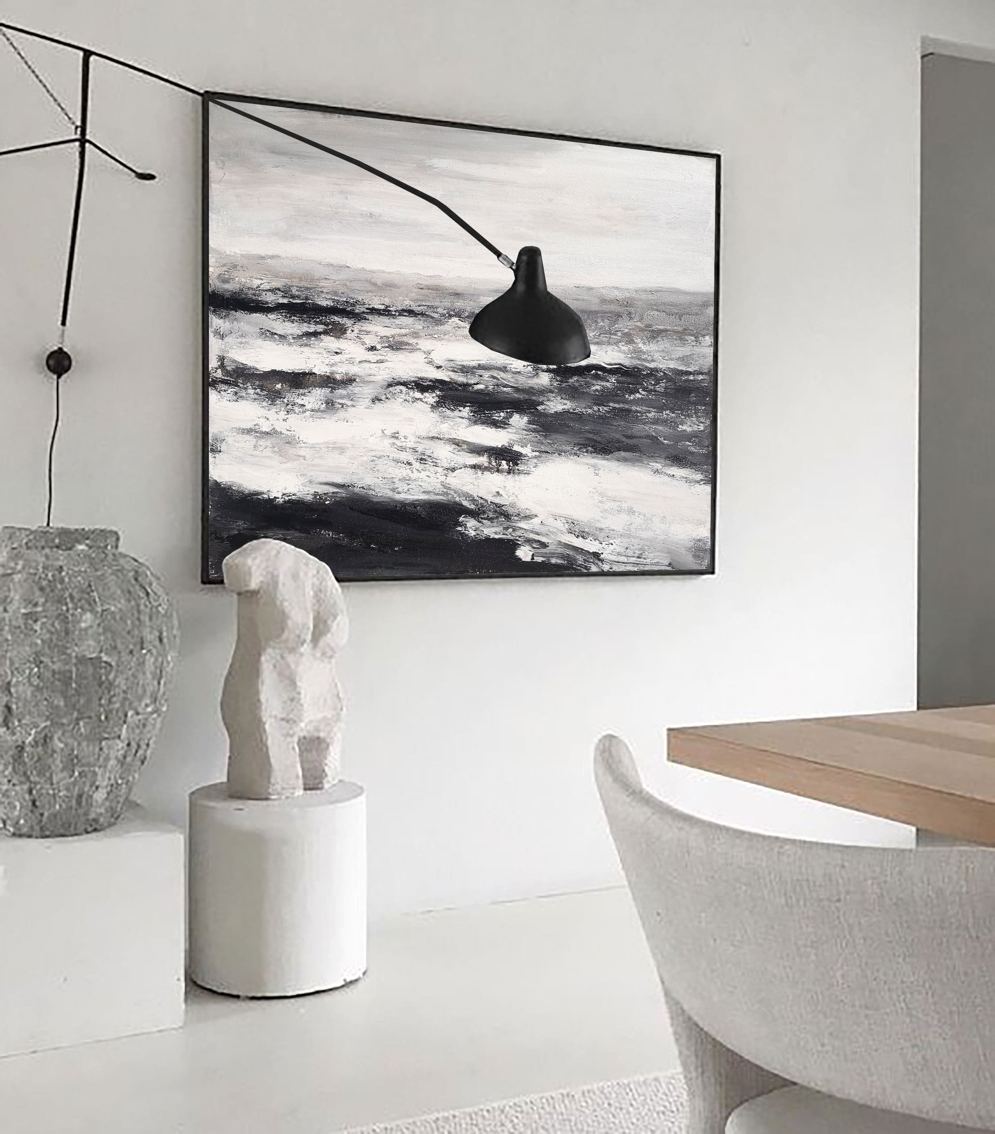 Monochrome Ocean Abstract Thick Impasto Wave Textured Artwork
