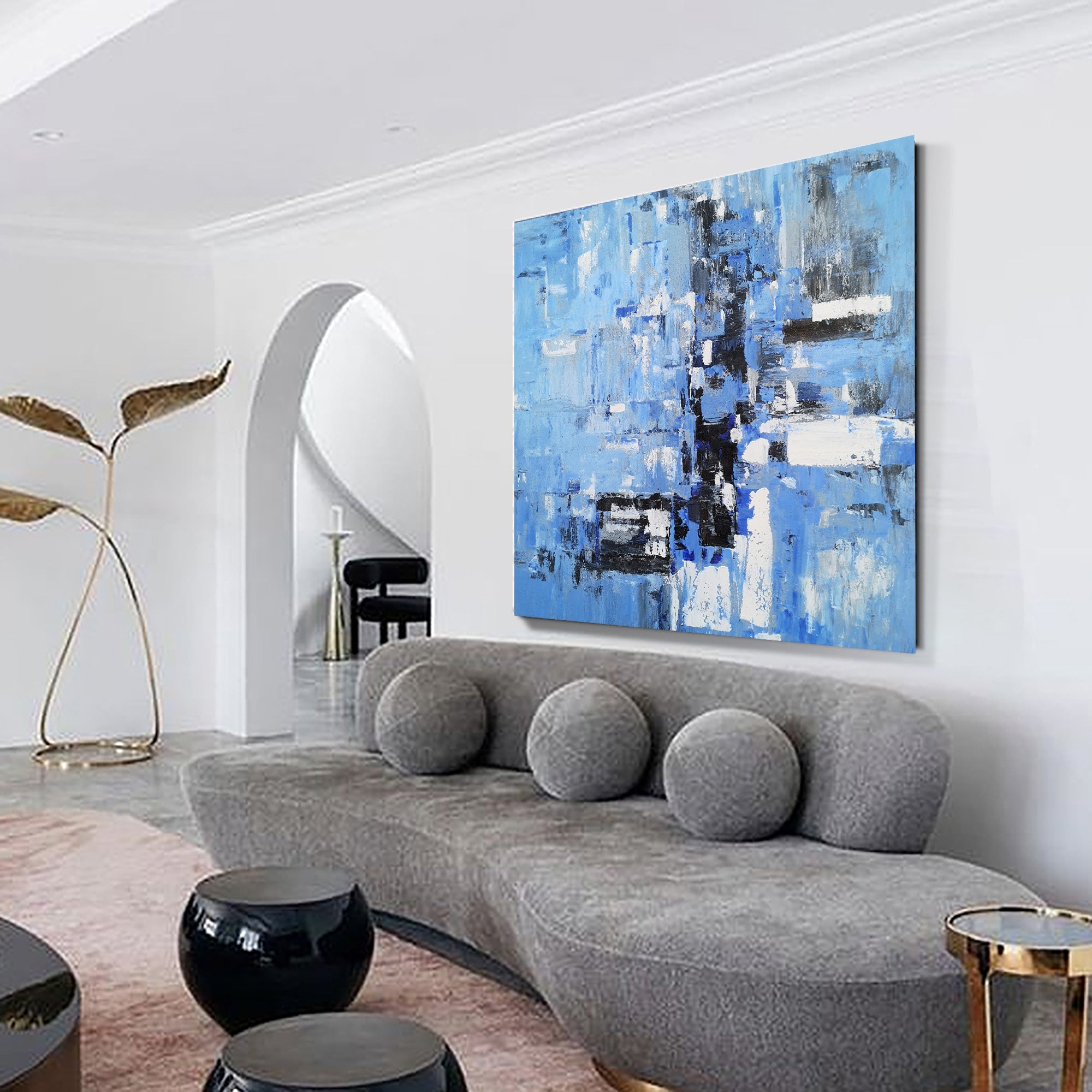 Blue White Abstract Geometric Painting
