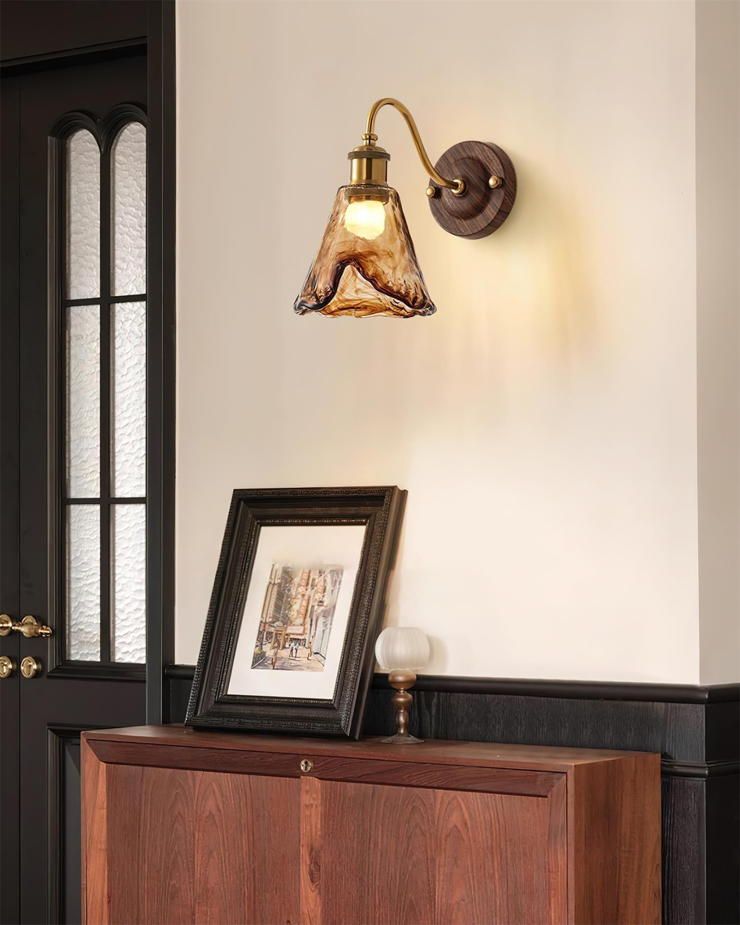 Wall Lamp Amber Glass Shade Walnut Gold Vintage Modern Sconce - Neutralighting