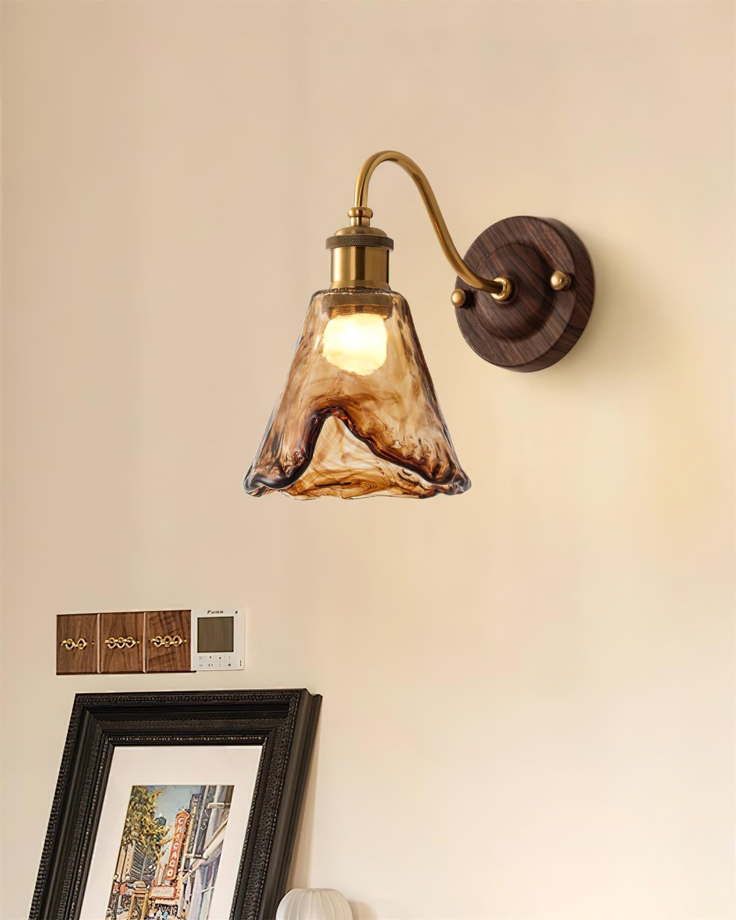 Wall Lamp Amber Glass Shade Walnut Gold Vintage Modern Sconce - Neutralighting