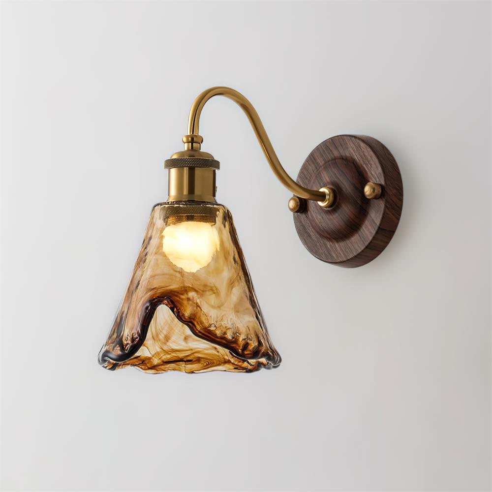 Wall Lamp Amber Glass Shade Walnut Gold Vintage Modern Sconce - Neutralighting
