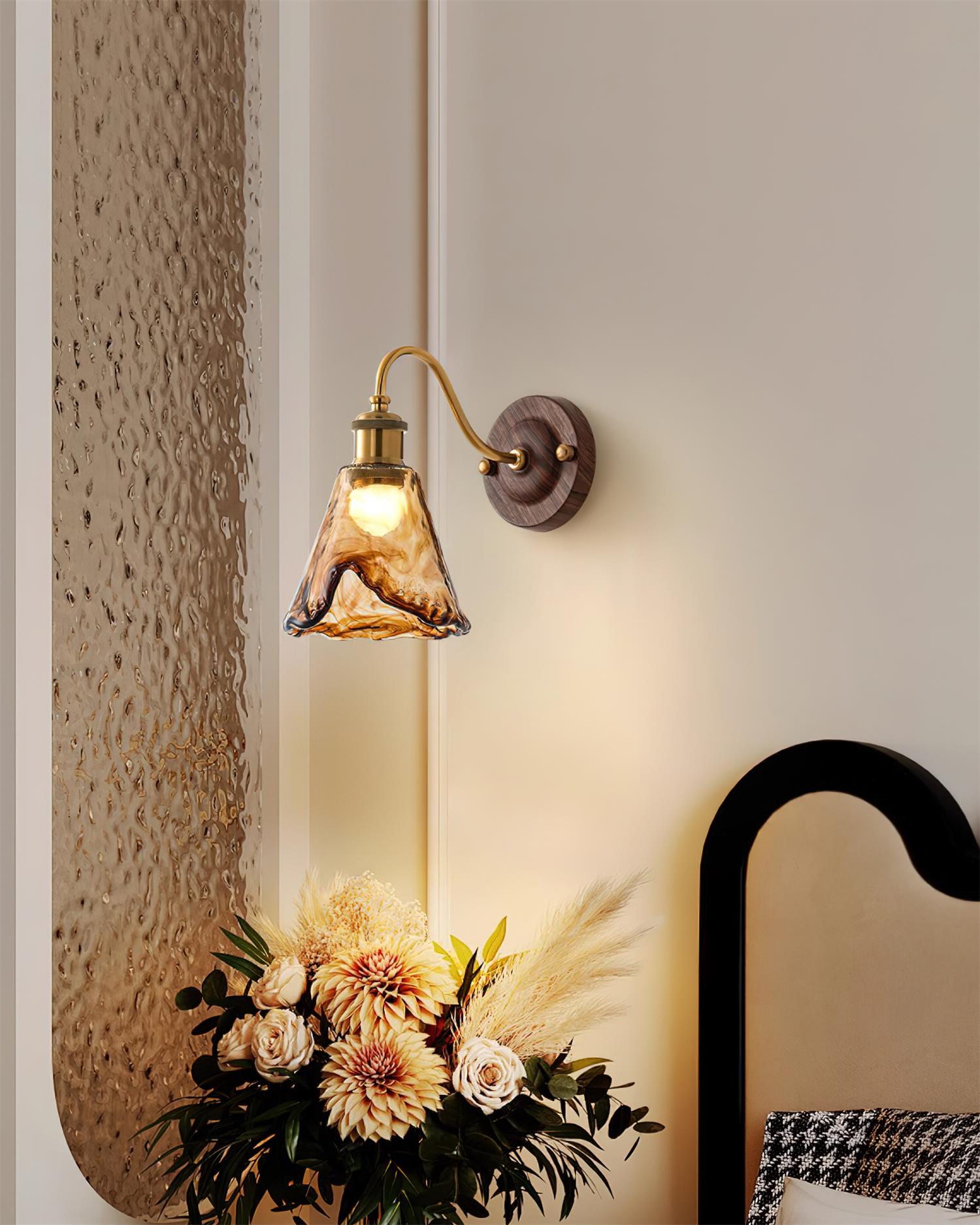 Wall Lamp Amber Glass Shade Walnut Gold Vintage Modern Sconce - Neutralighting