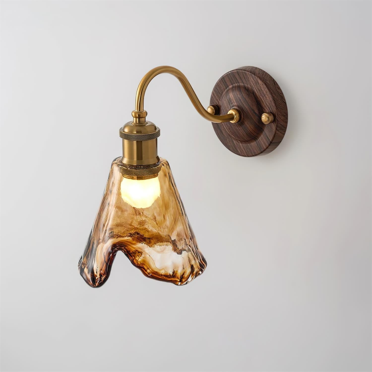 Wall Lamp Amber Glass Shade Walnut Gold Vintage Modern Sconce - Neutralighting