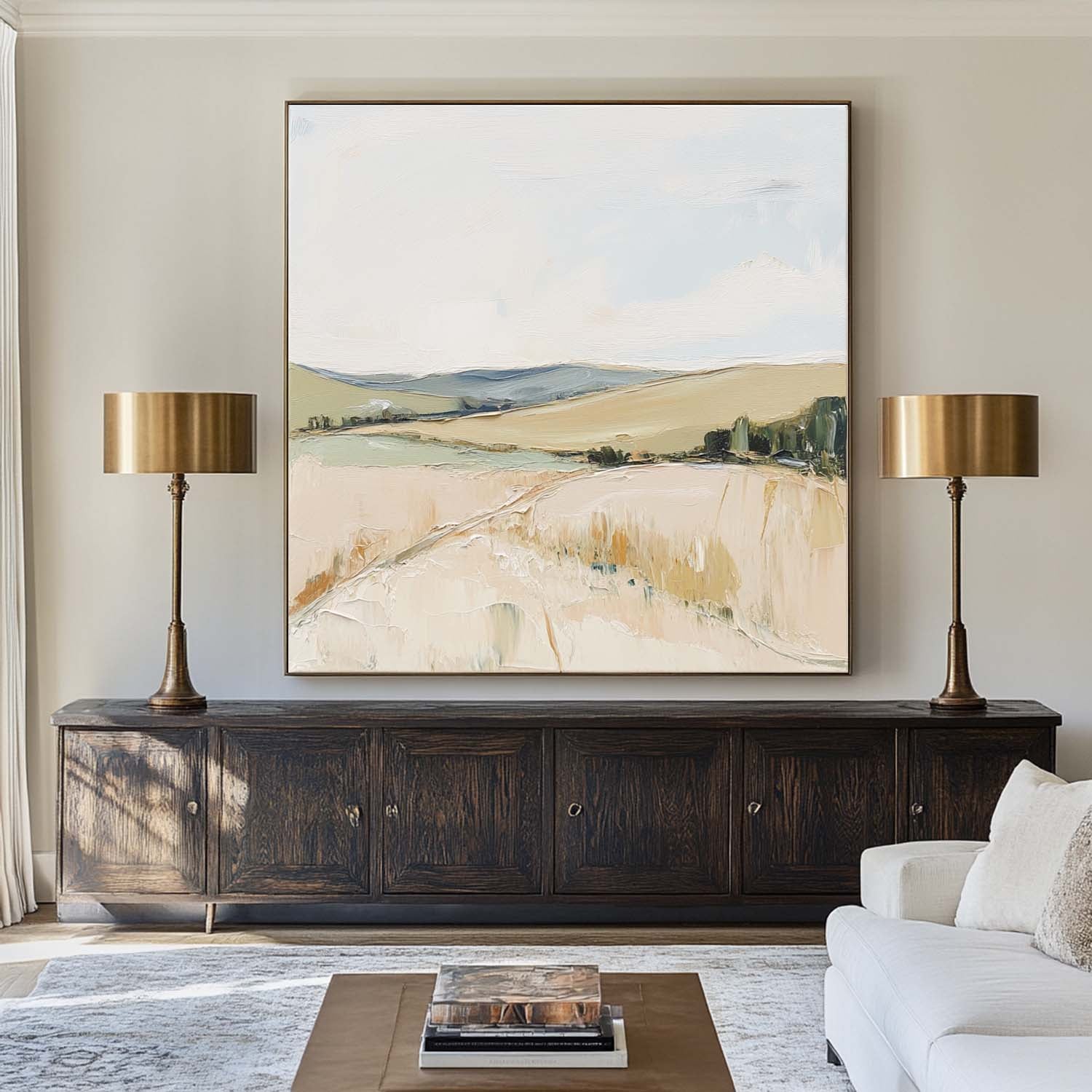 Soft Pastoral Landscape Watercolor Square Canvas Art
