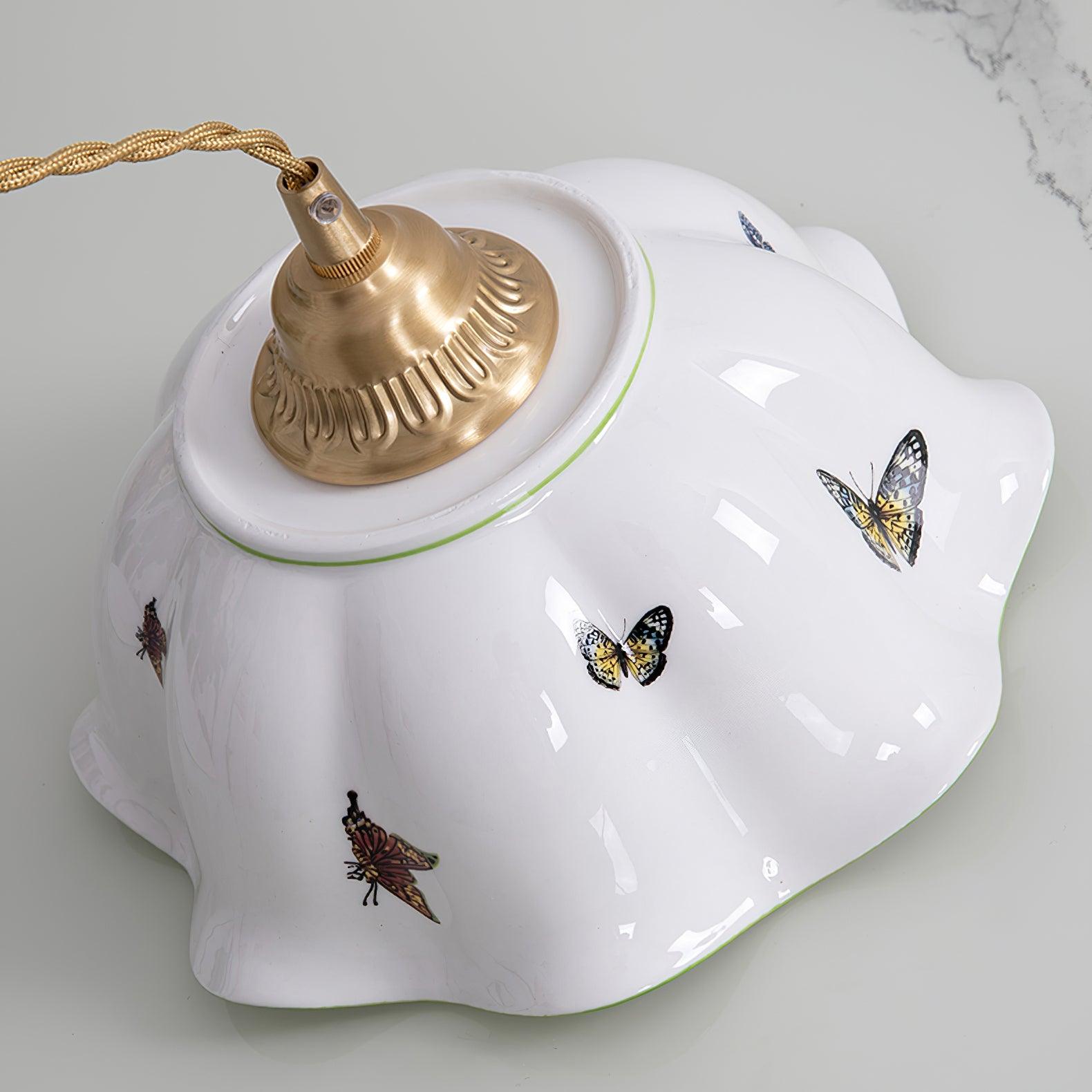 Pendant Lamp Ceramic Petal Shade Hand Painted Butterflies Vintage Charm - Neutralighting