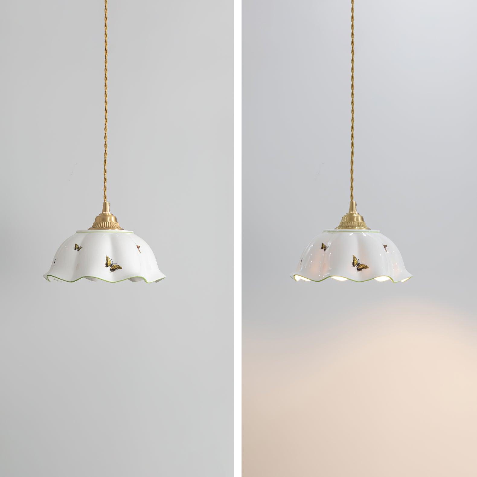 Pendant Lamp Ceramic Petal Shade Hand Painted Butterflies Vintage Charm - Neutralighting