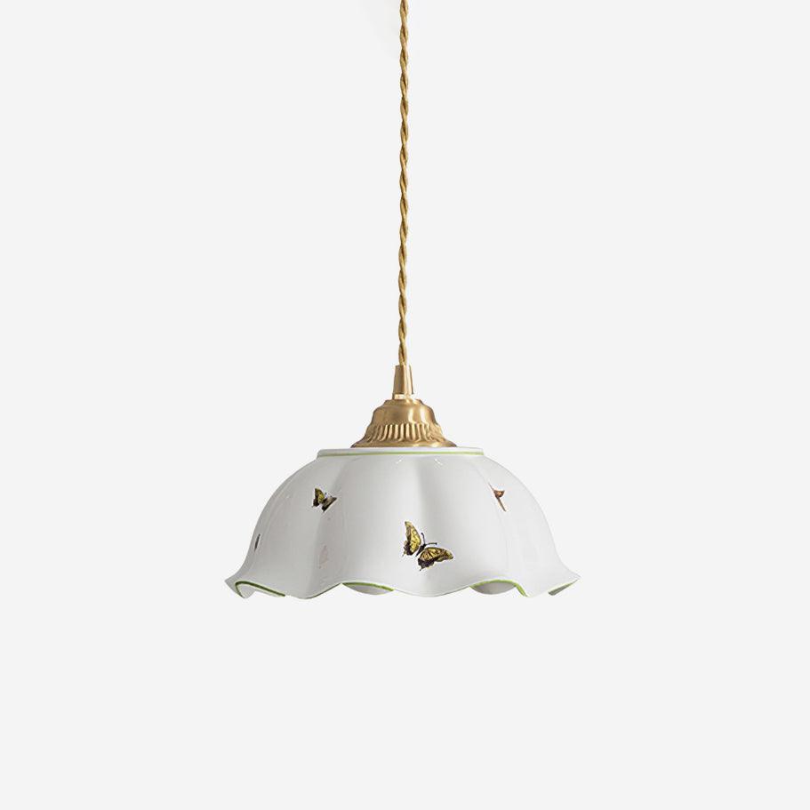 Pendant Lamp Ceramic Petal Shade Hand Painted Butterflies Vintage Charm - Neutralighting