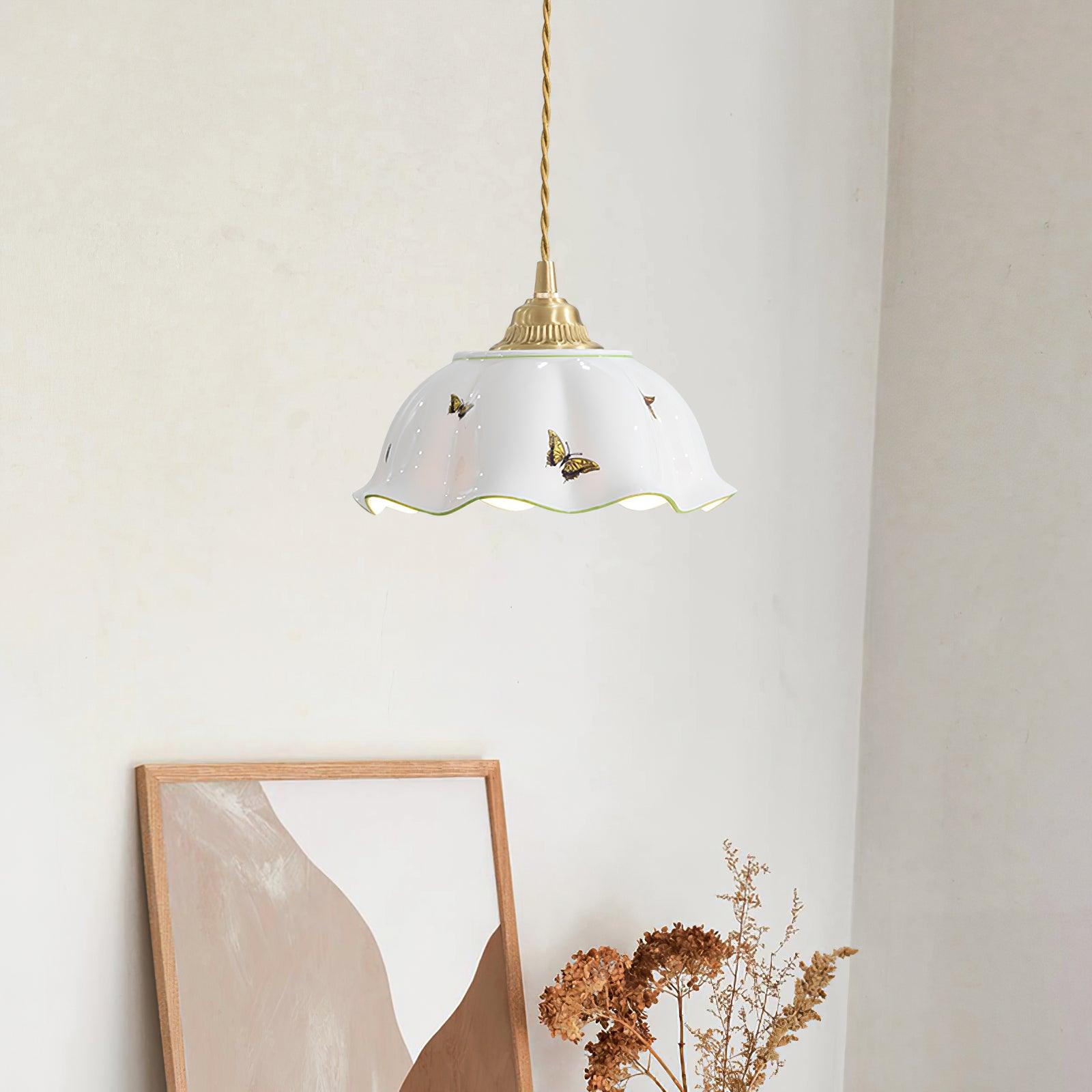 Pendant Lamp Ceramic Petal Shade Hand Painted Butterflies Vintage Charm - Neutralighting