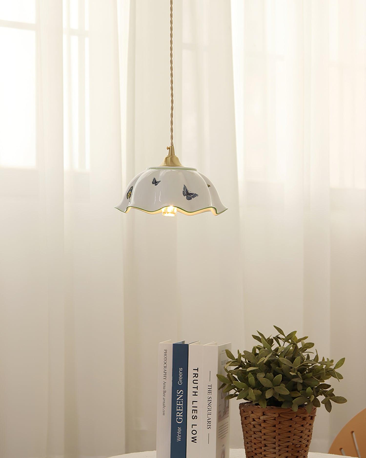 Pendant Lamp Ceramic Petal Shade Hand Painted Butterflies Vintage Charm - Neutralighting