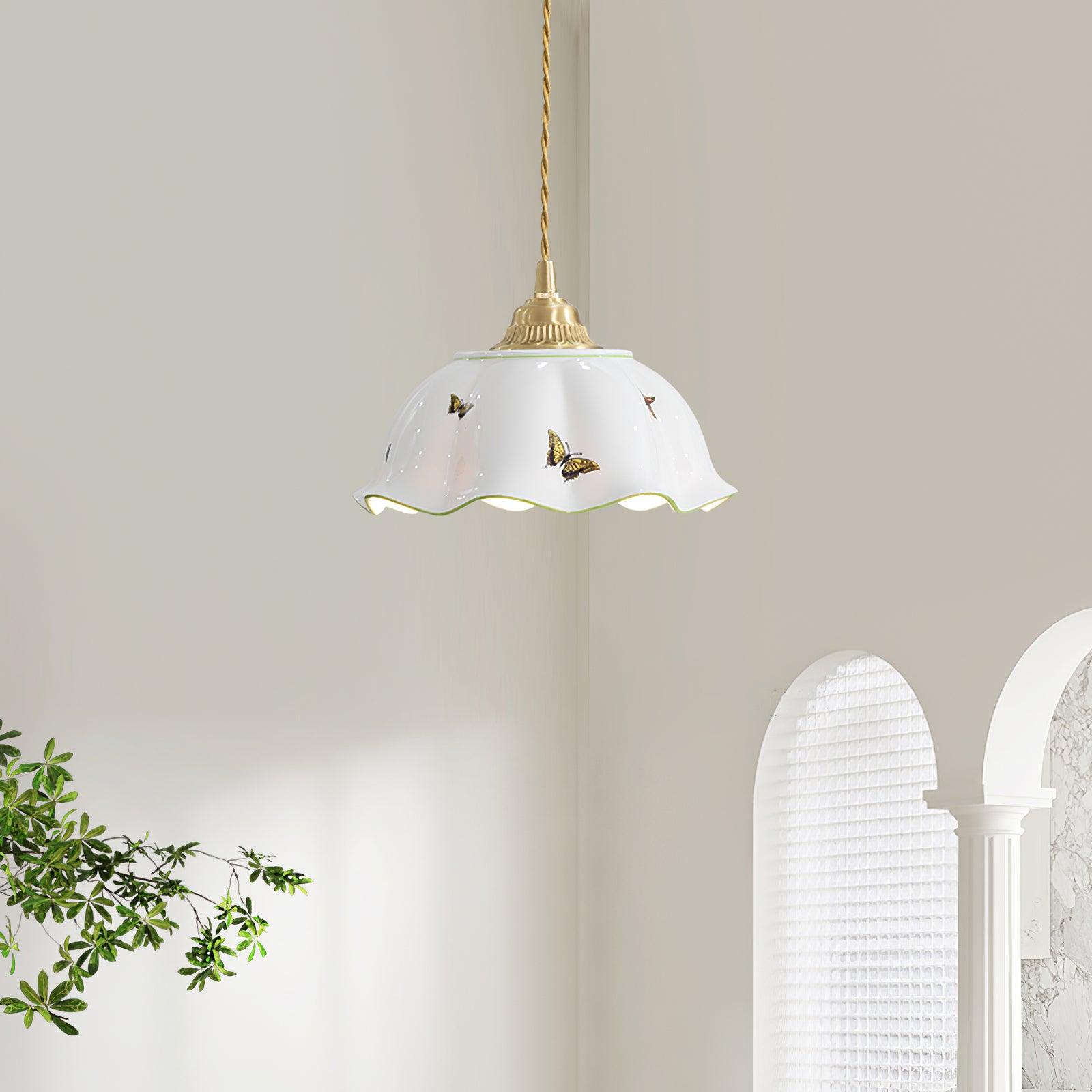 Pendant Lamp Ceramic Petal Shade Hand Painted Butterflies Vintage Charm - Neutralighting