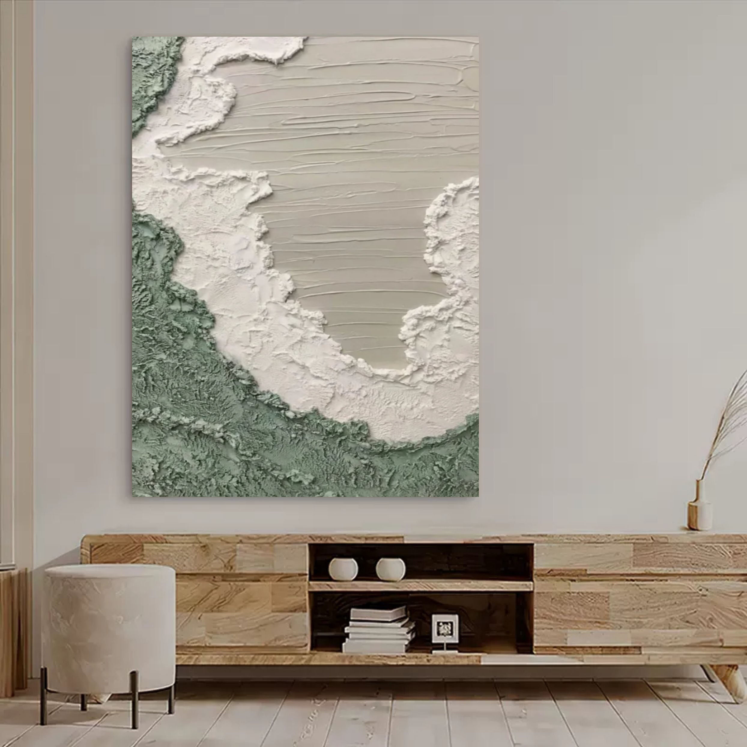 Wall Art Sage Green White Coastal Wave