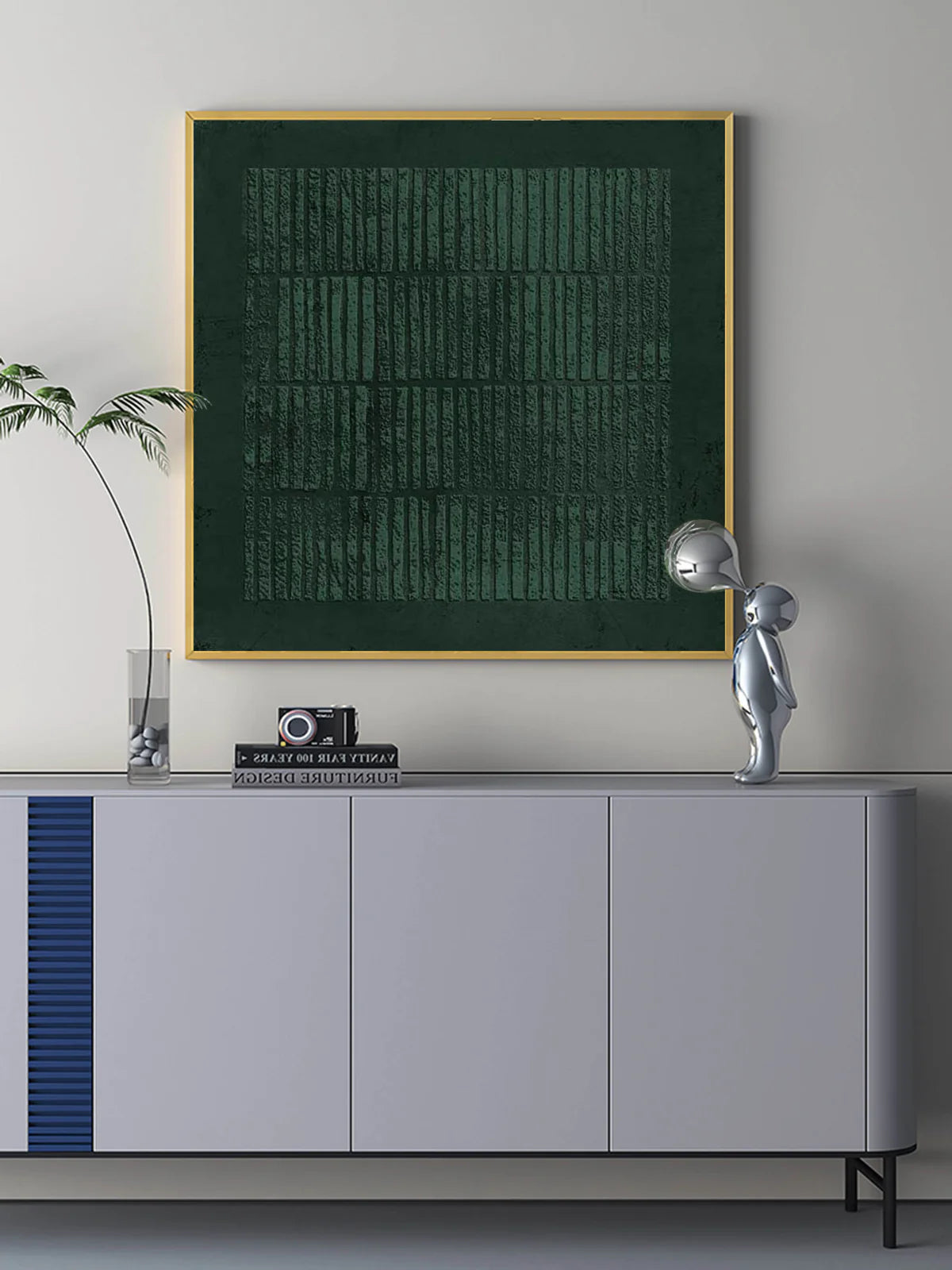 Deep Emerald Textured Vertical Strip Abstract Oil Painting