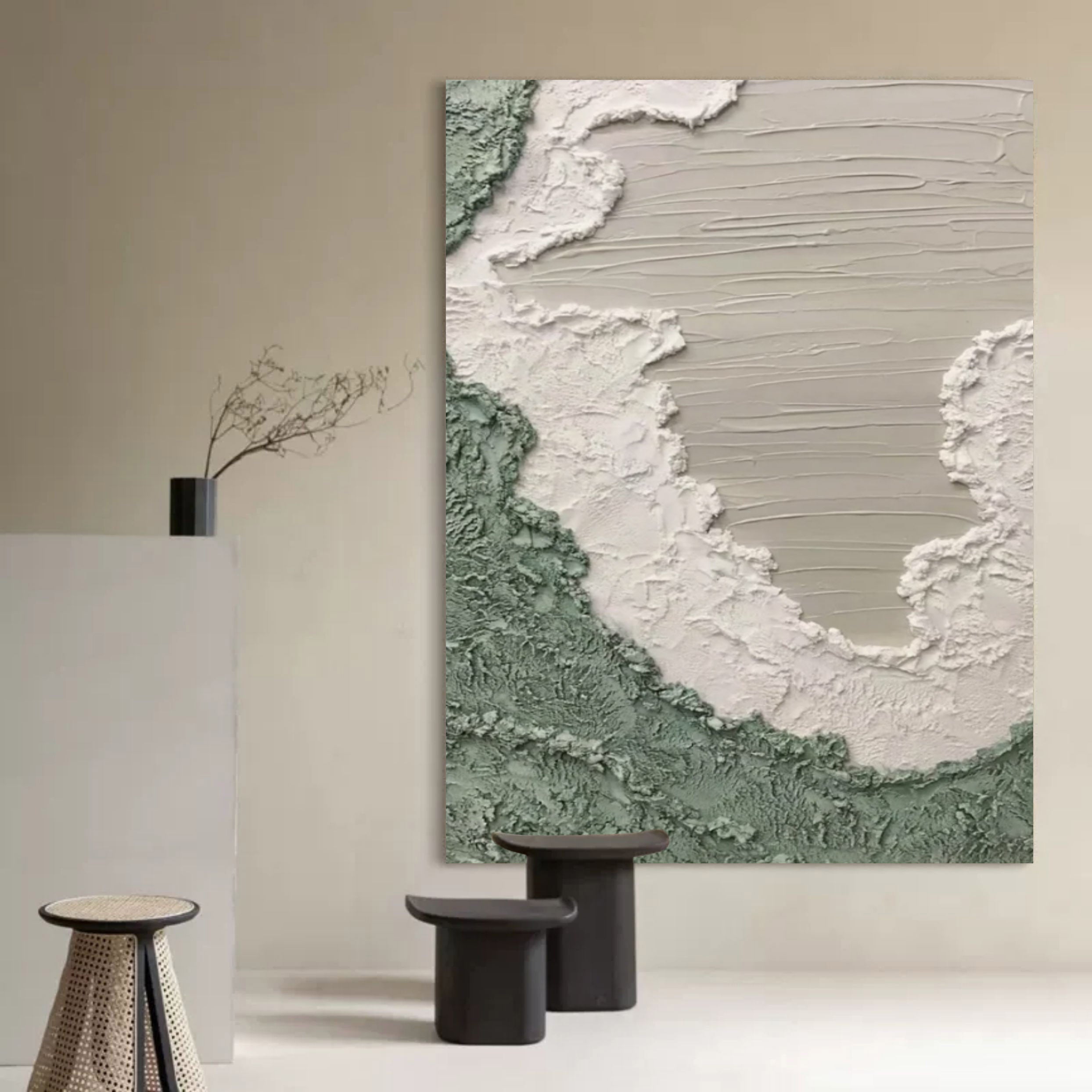Wall Art Sage Green White Coastal Wave