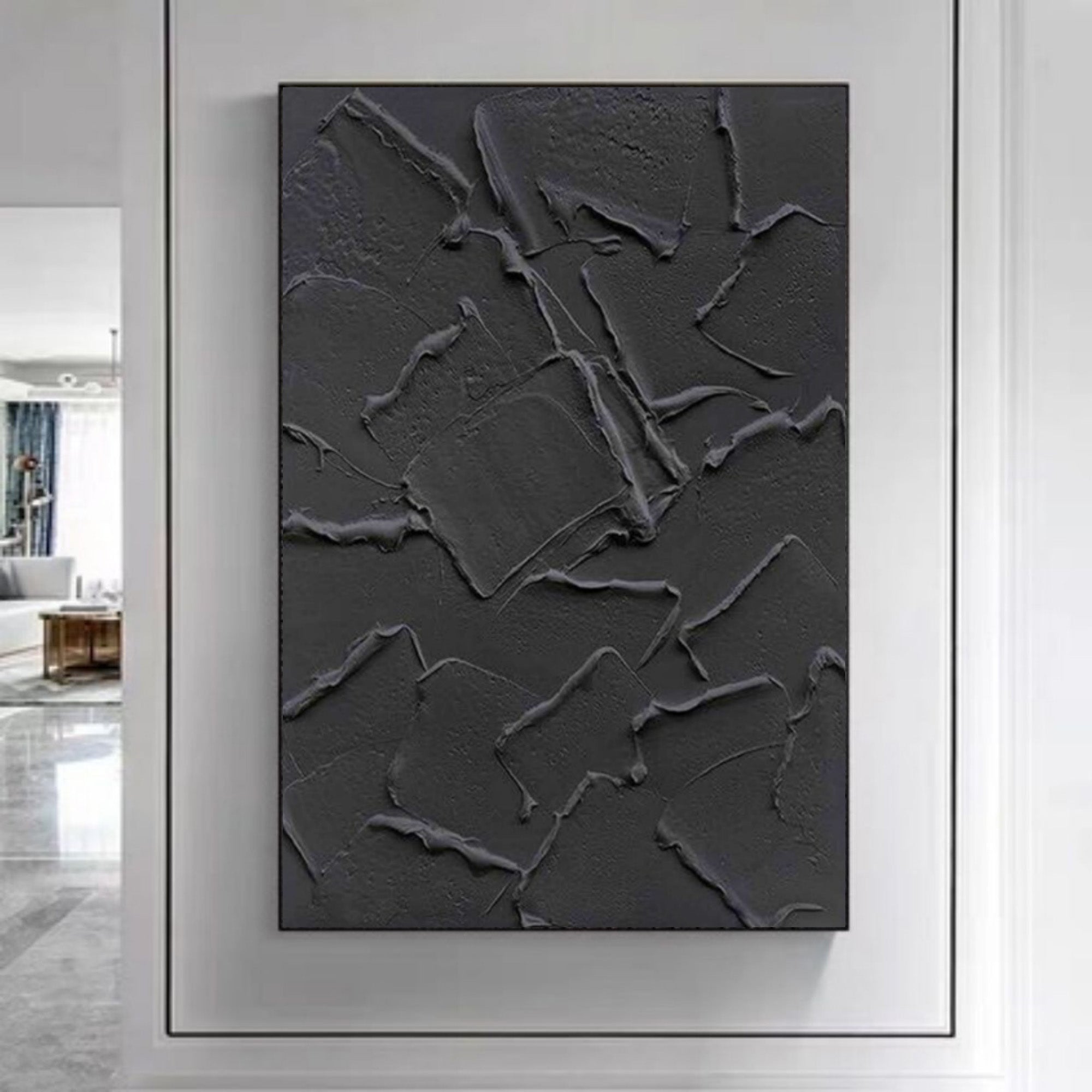 Wall Art Black Abstract Cracked Block