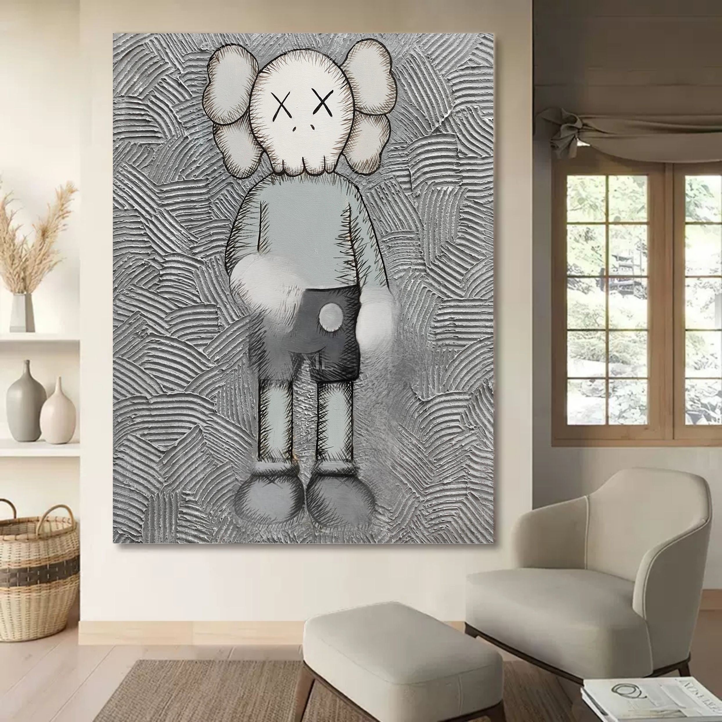Kaws Companion with Pink Doll Pop Art Painting