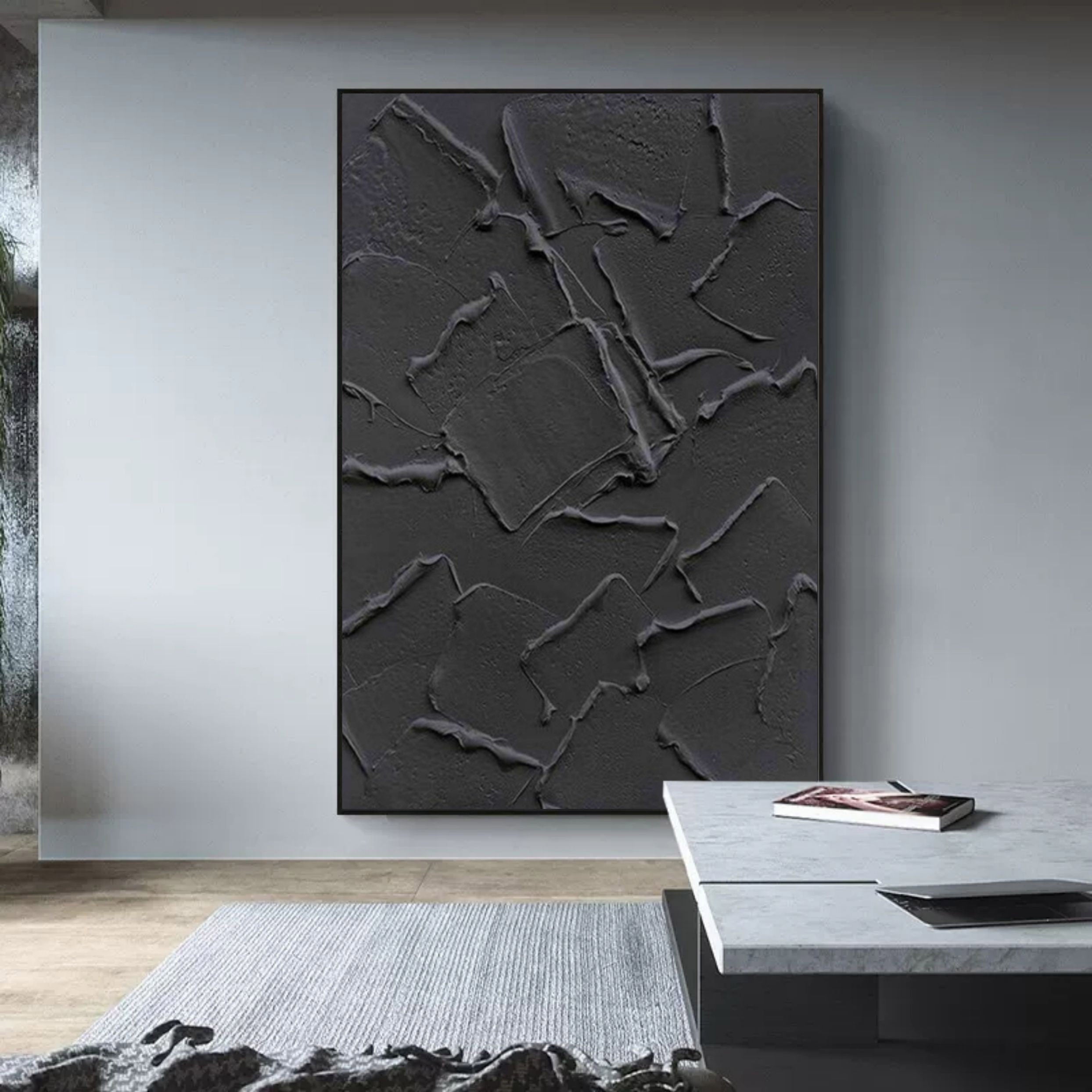 Wall Art Black Abstract Cracked Block