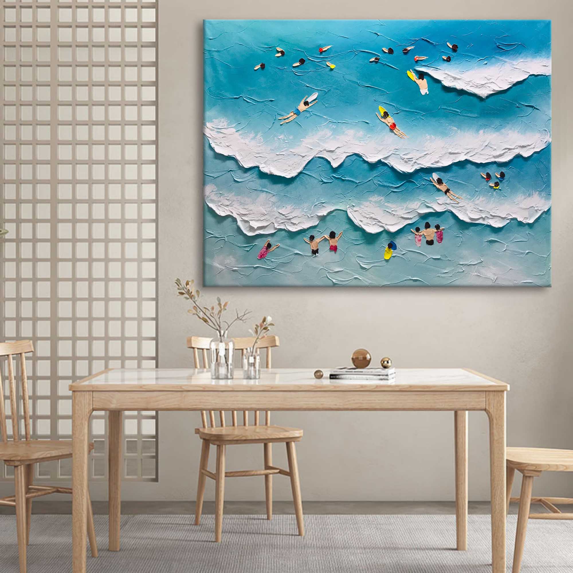 Wall Art Vibrant Beach Swimming Scene Impasto
