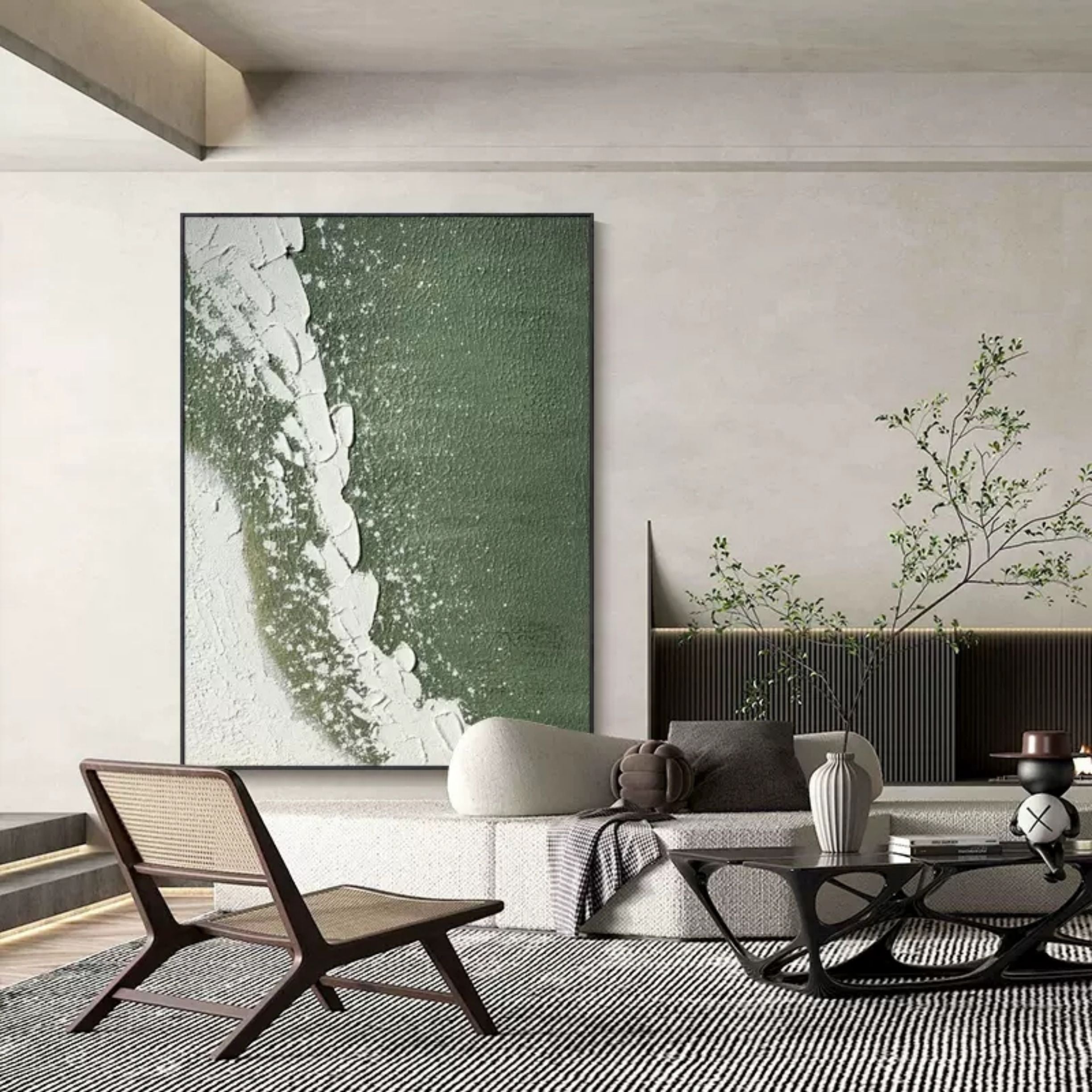 Wall Art Deep Green White Curved Wave Abstract