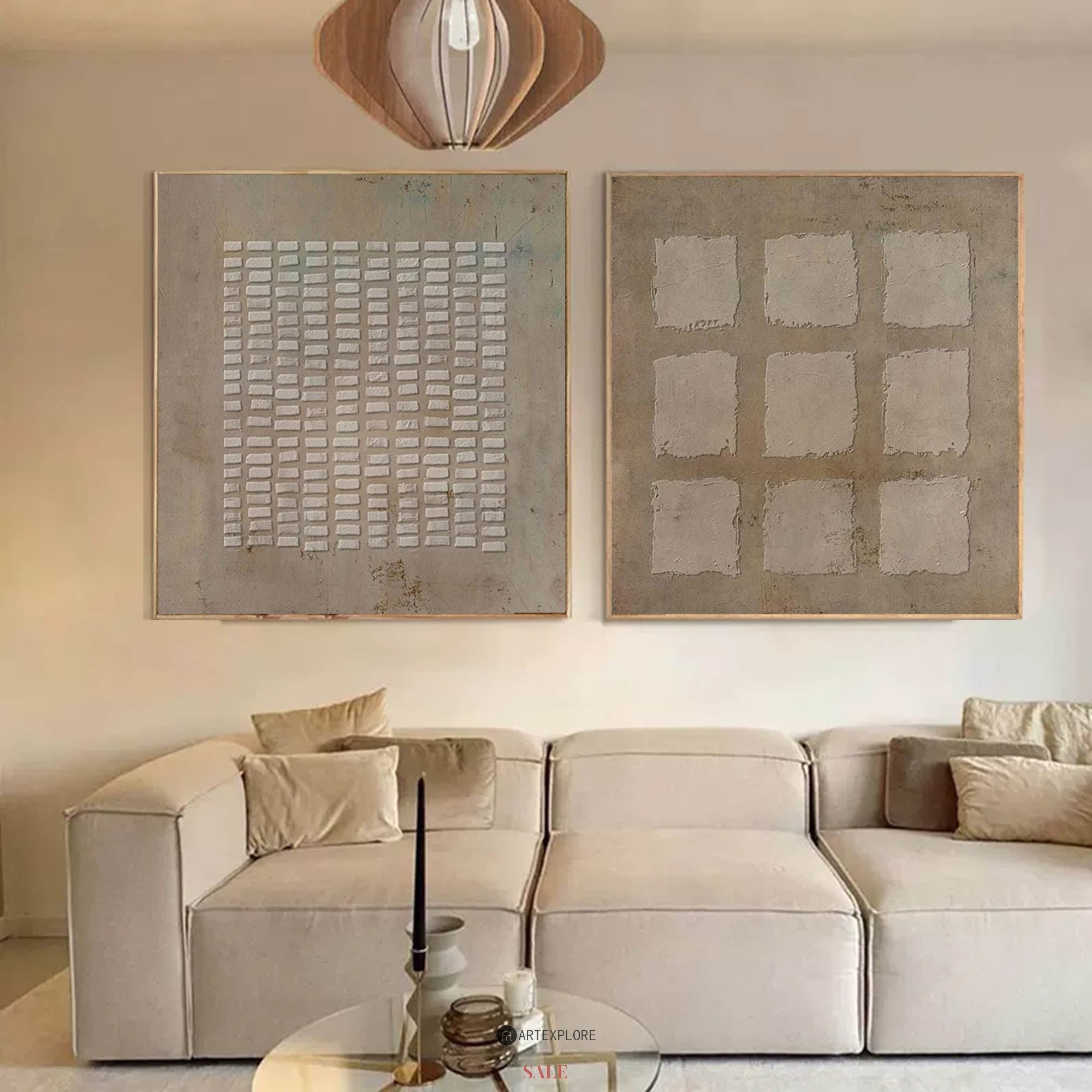 Earthy Beige‑Brown Grid‑Geometric Diptych Abstract Embossed Textured Artwork