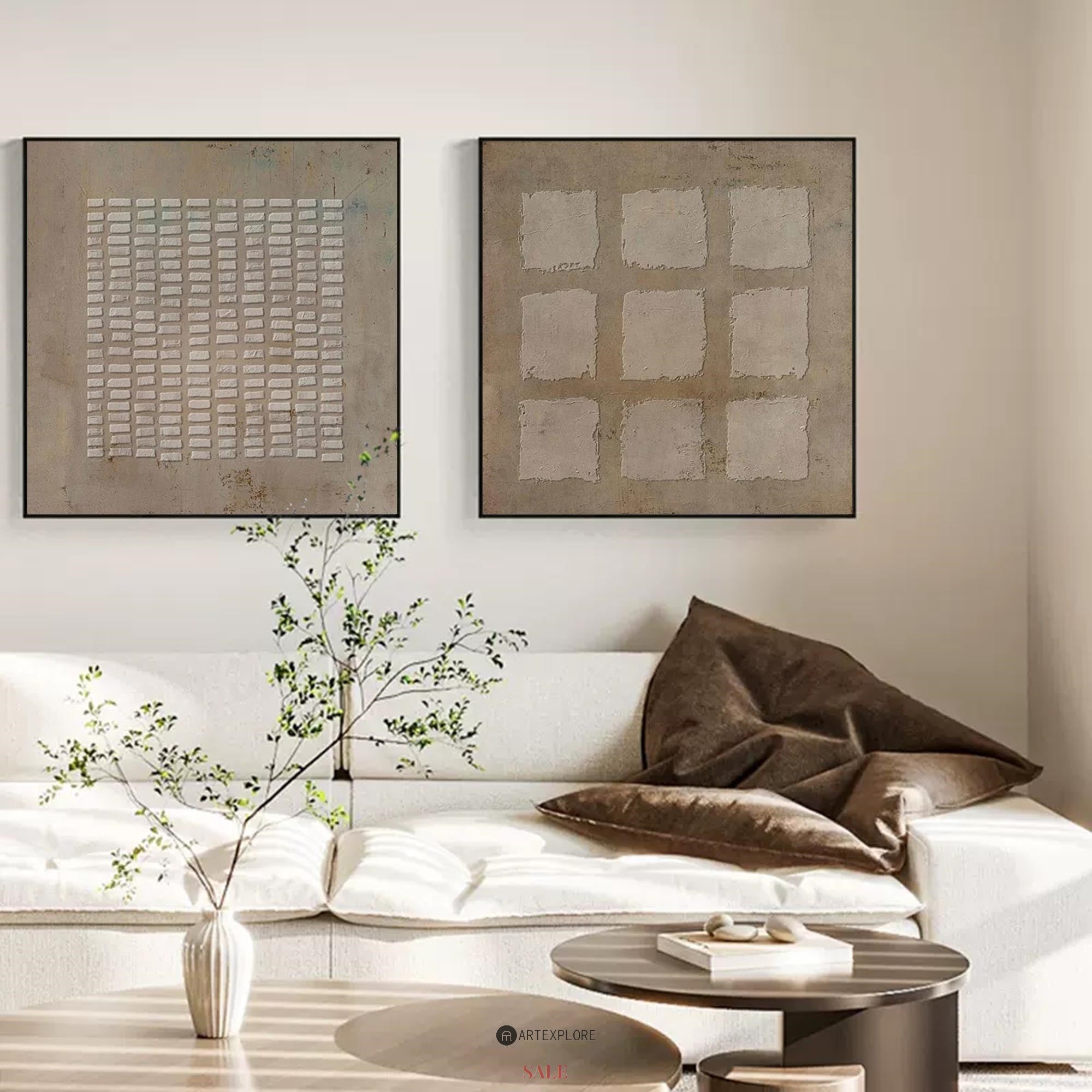 Earthy Beige‑Brown Grid‑Geometric Diptych Abstract Embossed Textured Artwork