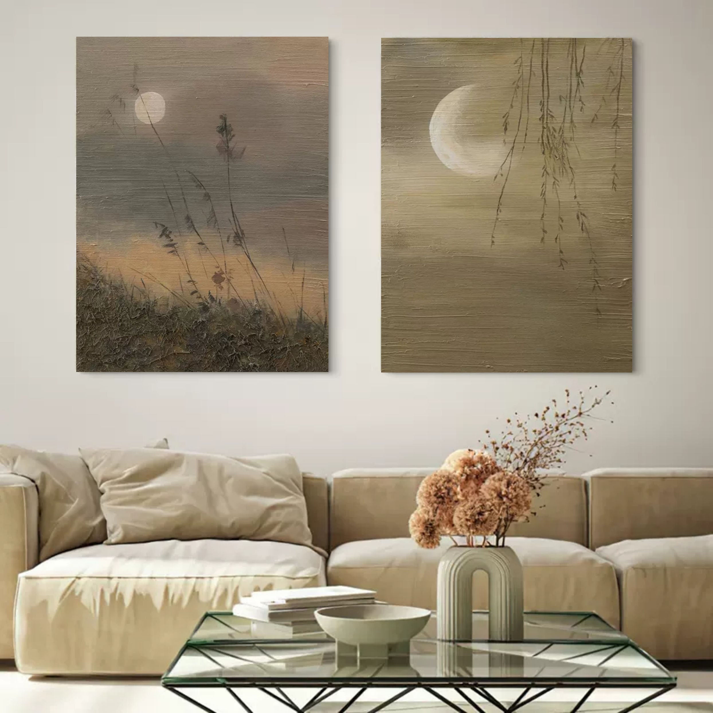 Wall Art Earthy Tone Moon Willow Grass Diptych