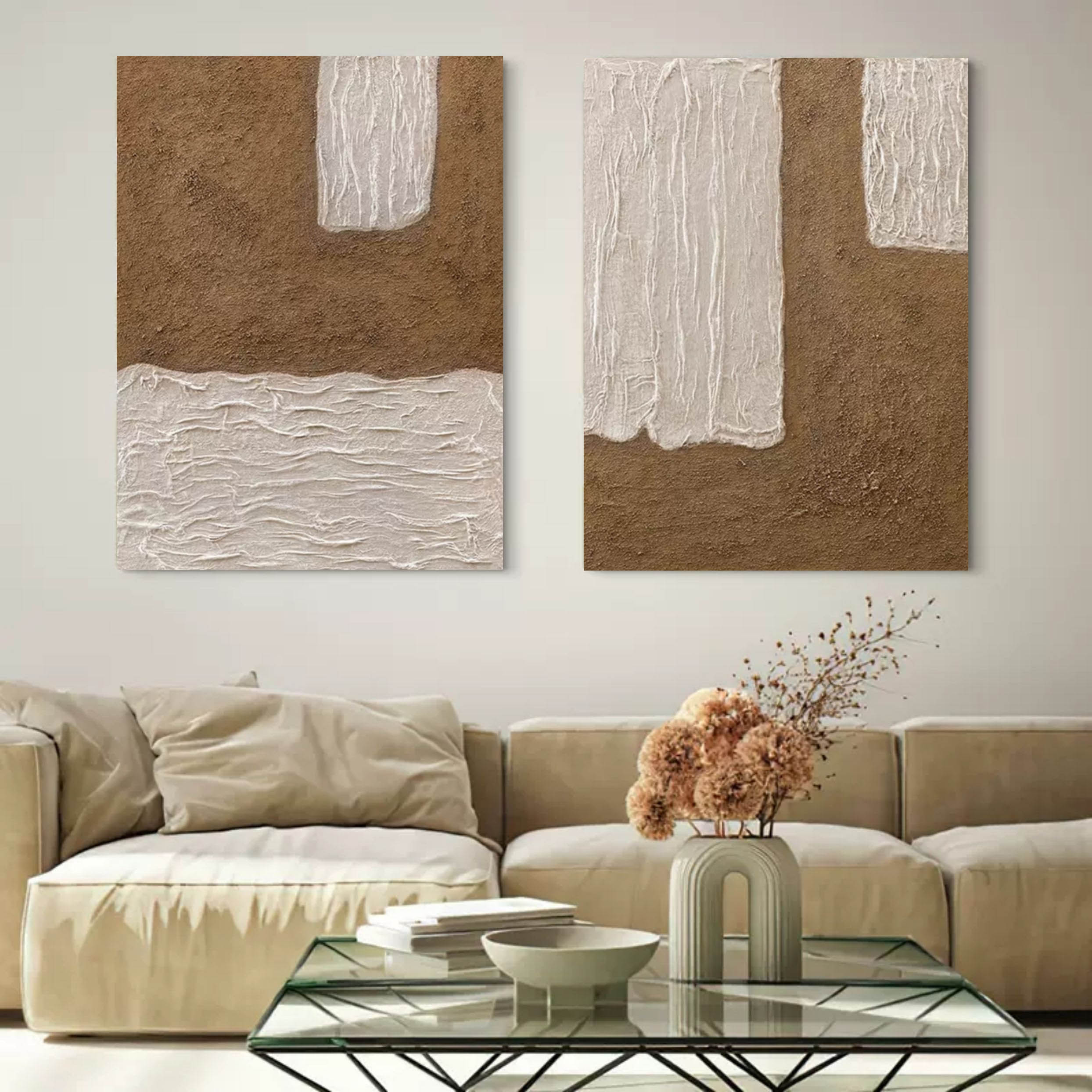 Wall Art Warm Brown White Block Diptych