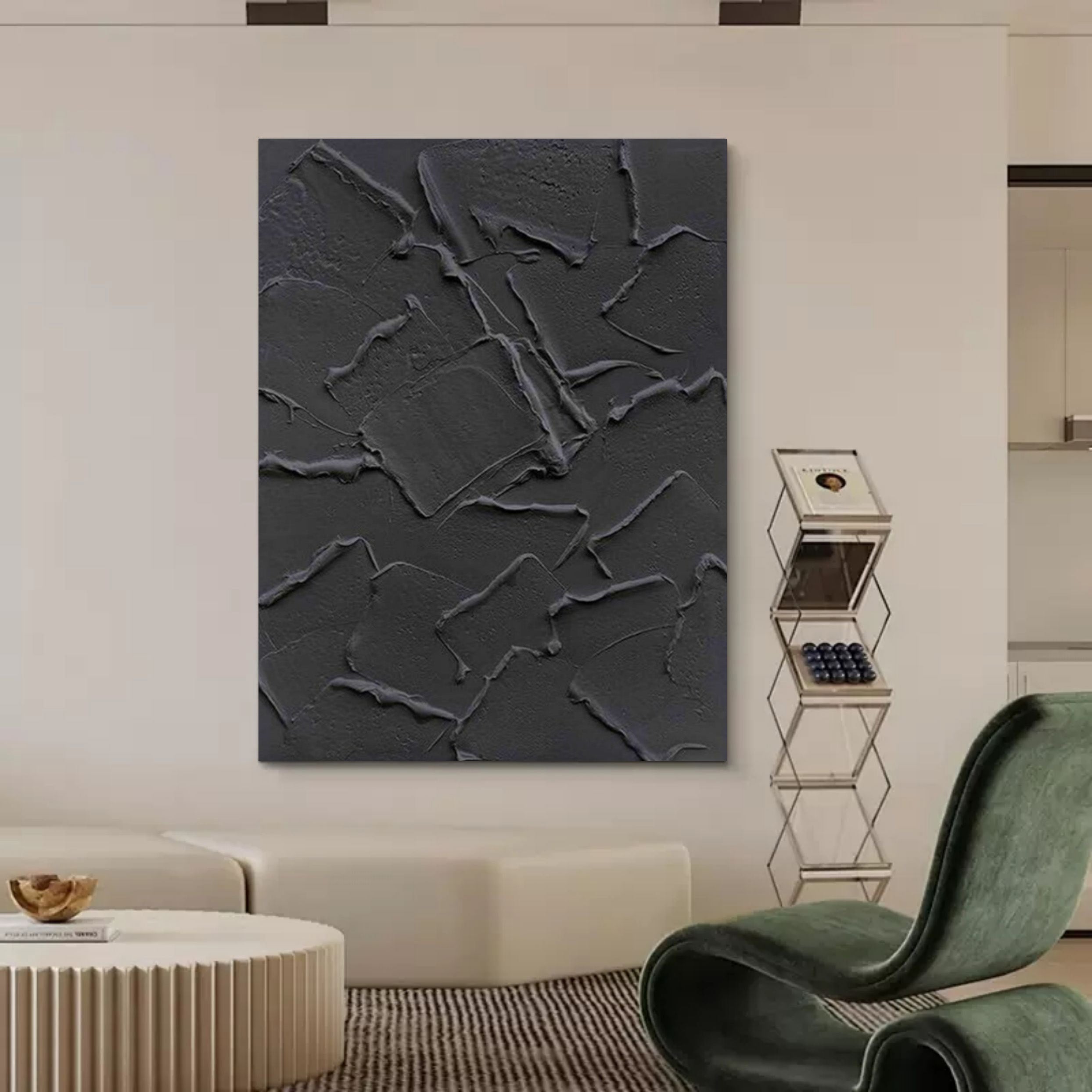 Wall Art Black Abstract Cracked Block