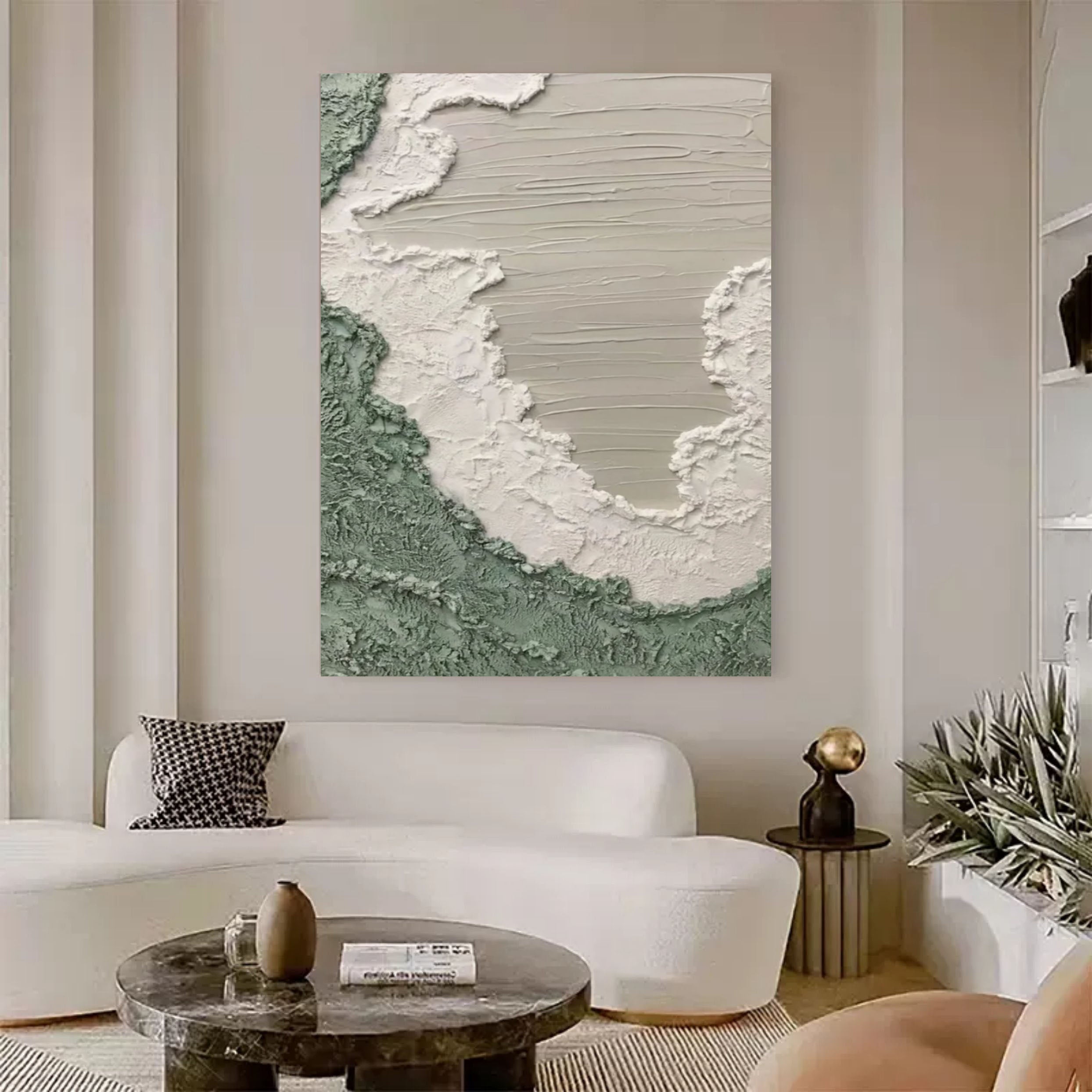 Wall Art Sage Green White Coastal Wave