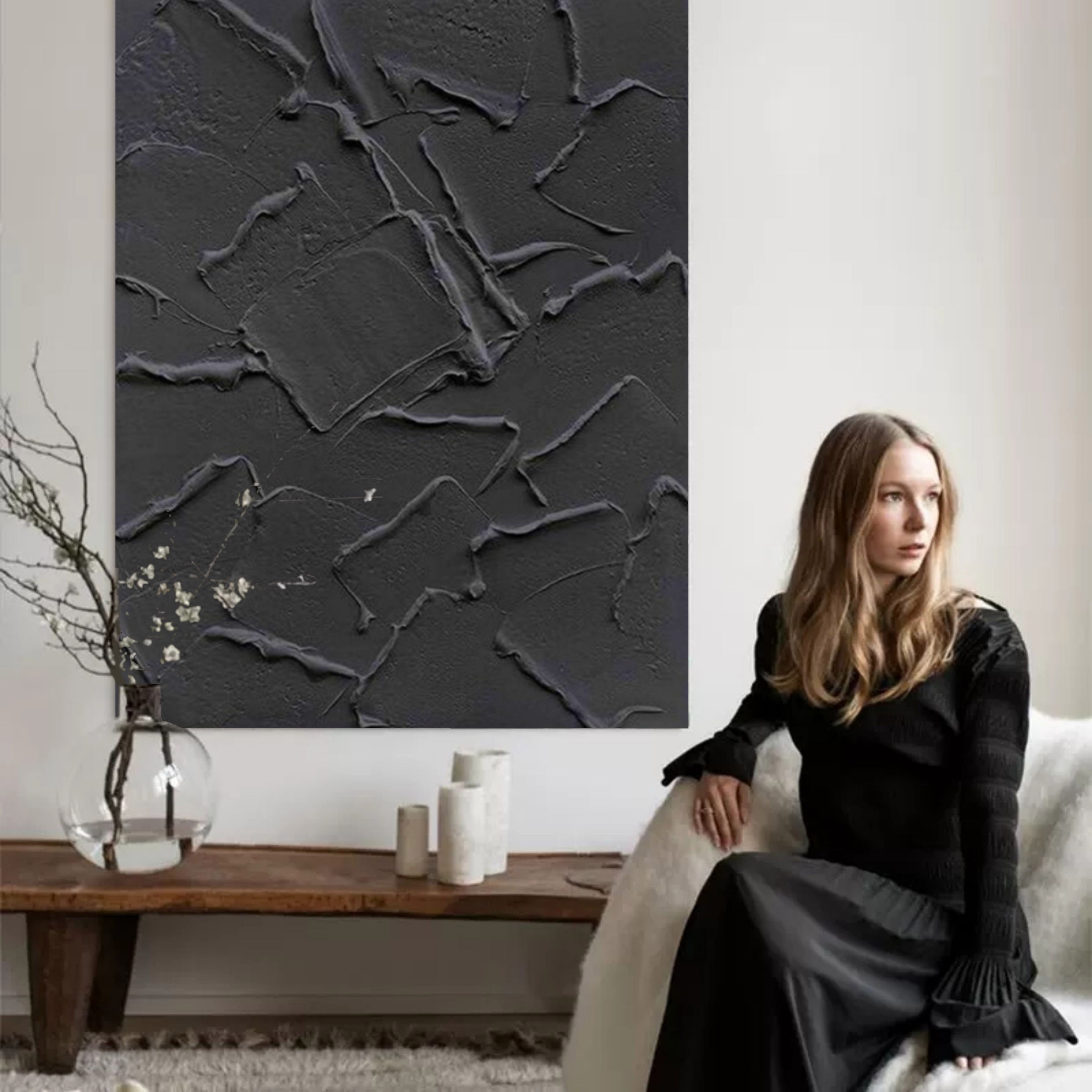 Wall Art Black Abstract Cracked Block